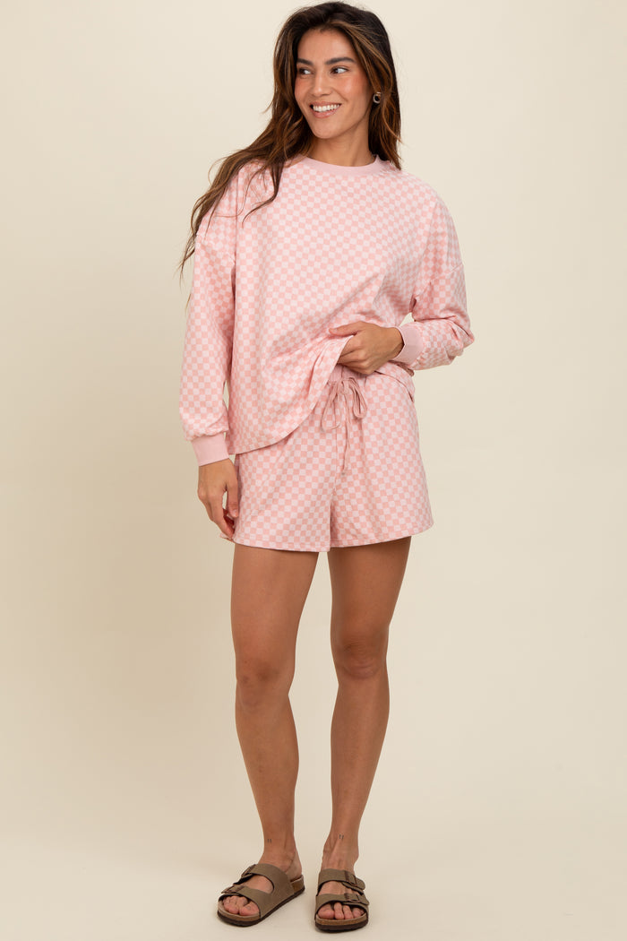 Mauve Checkered Plaid Pullover Shorts Maternity Set