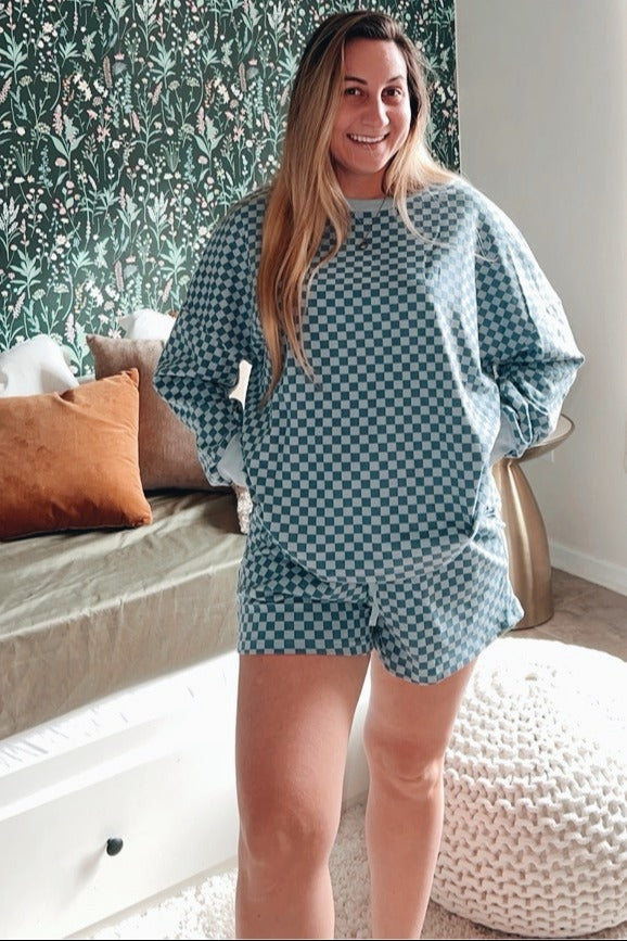 Blue Checkered Plaid Pullover Shorts Maternity Set