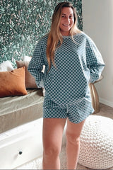 Blue Checkered Plaid Pullover Shorts Maternity Set