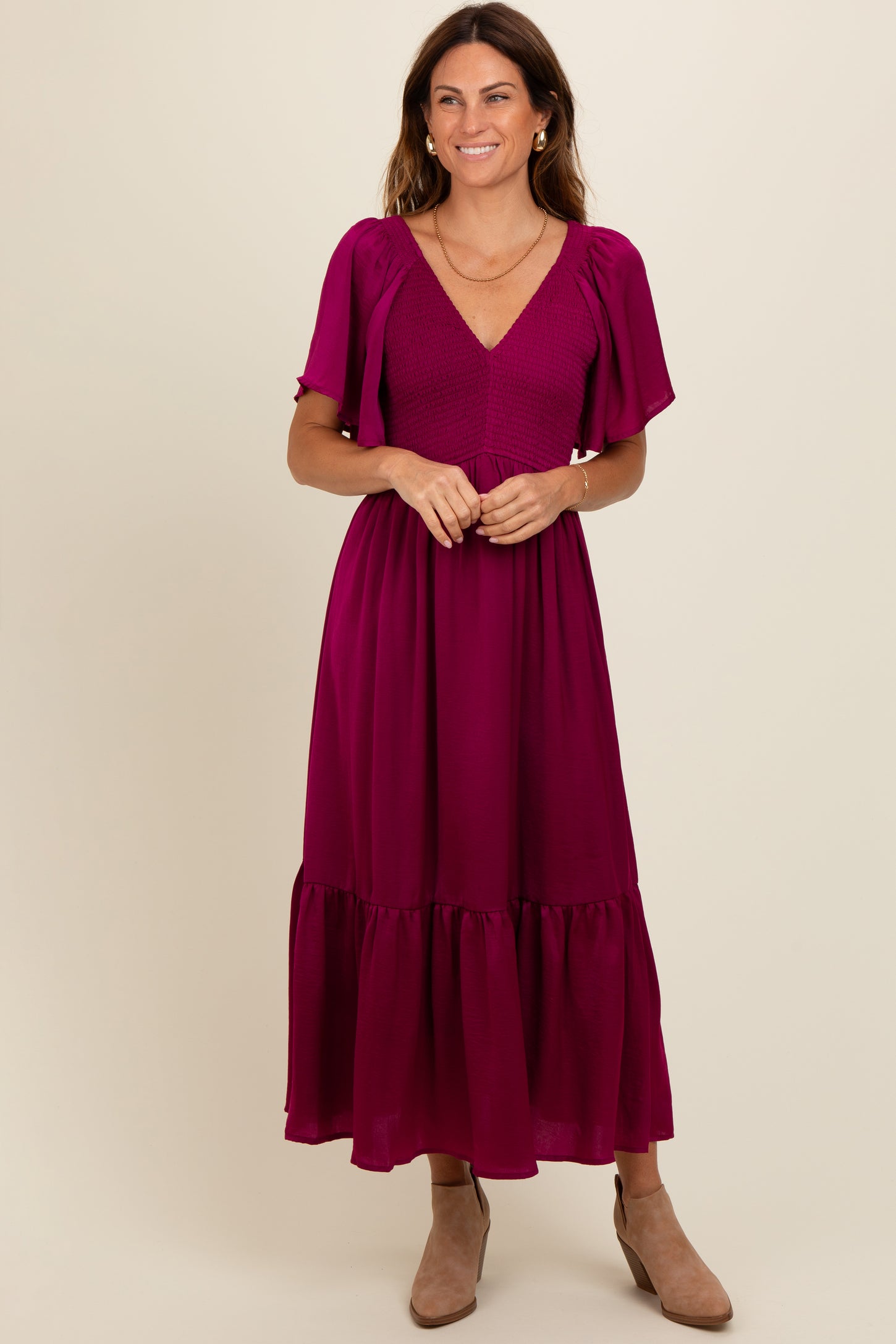 Deep Red Satin Smocked Midi Dress Deep Red Satin Smocked Midi Dress