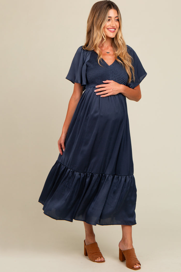 Navy Blue Satin Smocked Maternity Midi Dress