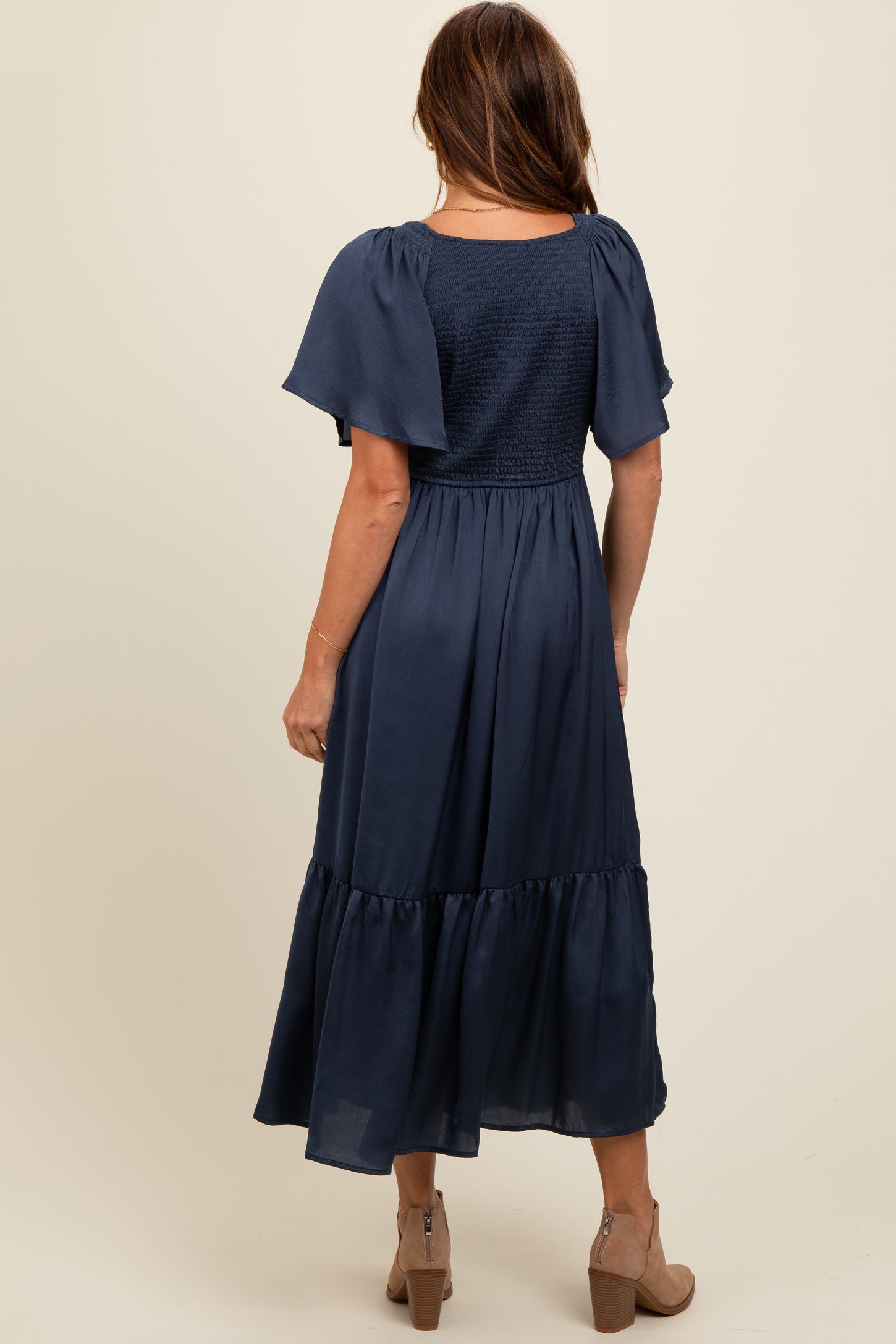 Navy Blue Satin Smocked Midi Dress PinkBlush Navy Blue Satin Smocked Midi Dress PinkBlush