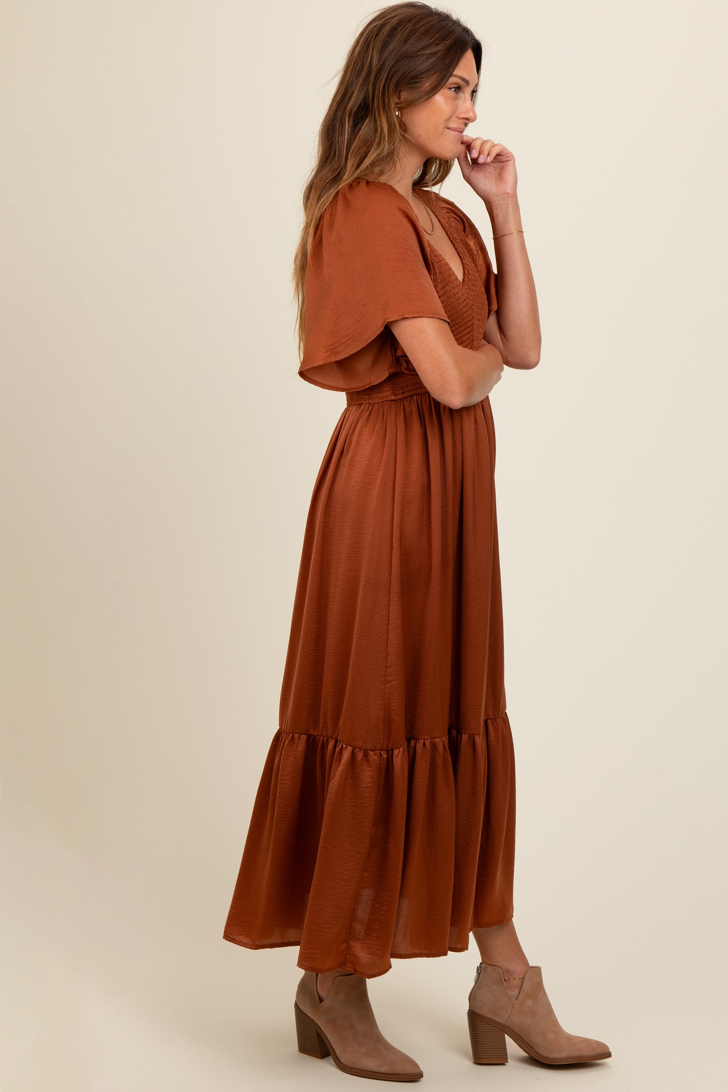 Camel Satin Smocked Midi Dress – PinkBlush