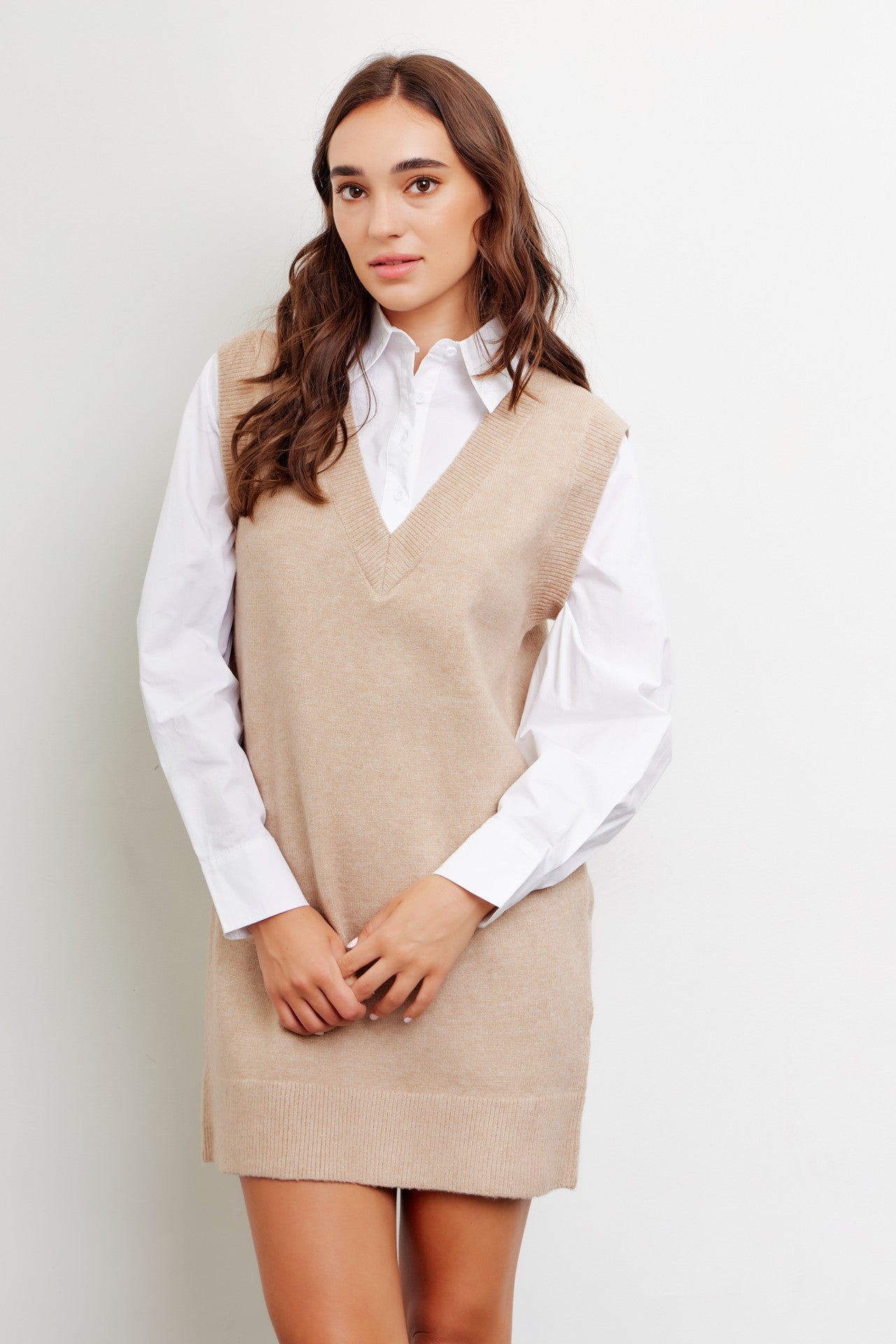 Beige Layered Sweater Shirt Mini Dress – PinkBlush