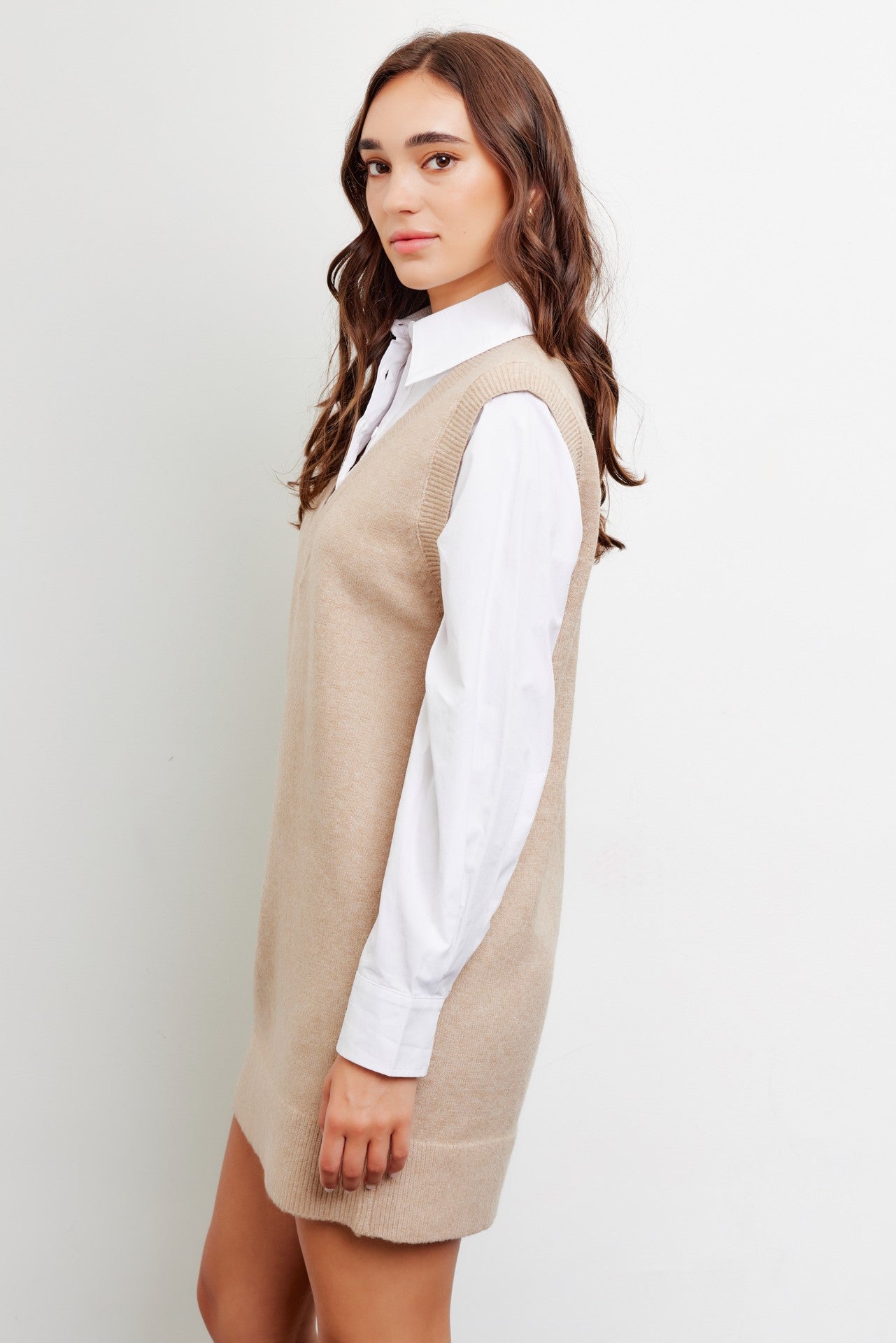 Beige Layered Sweater Shirt Mini Dress Beige Layered Sweater Shirt Mini Dress