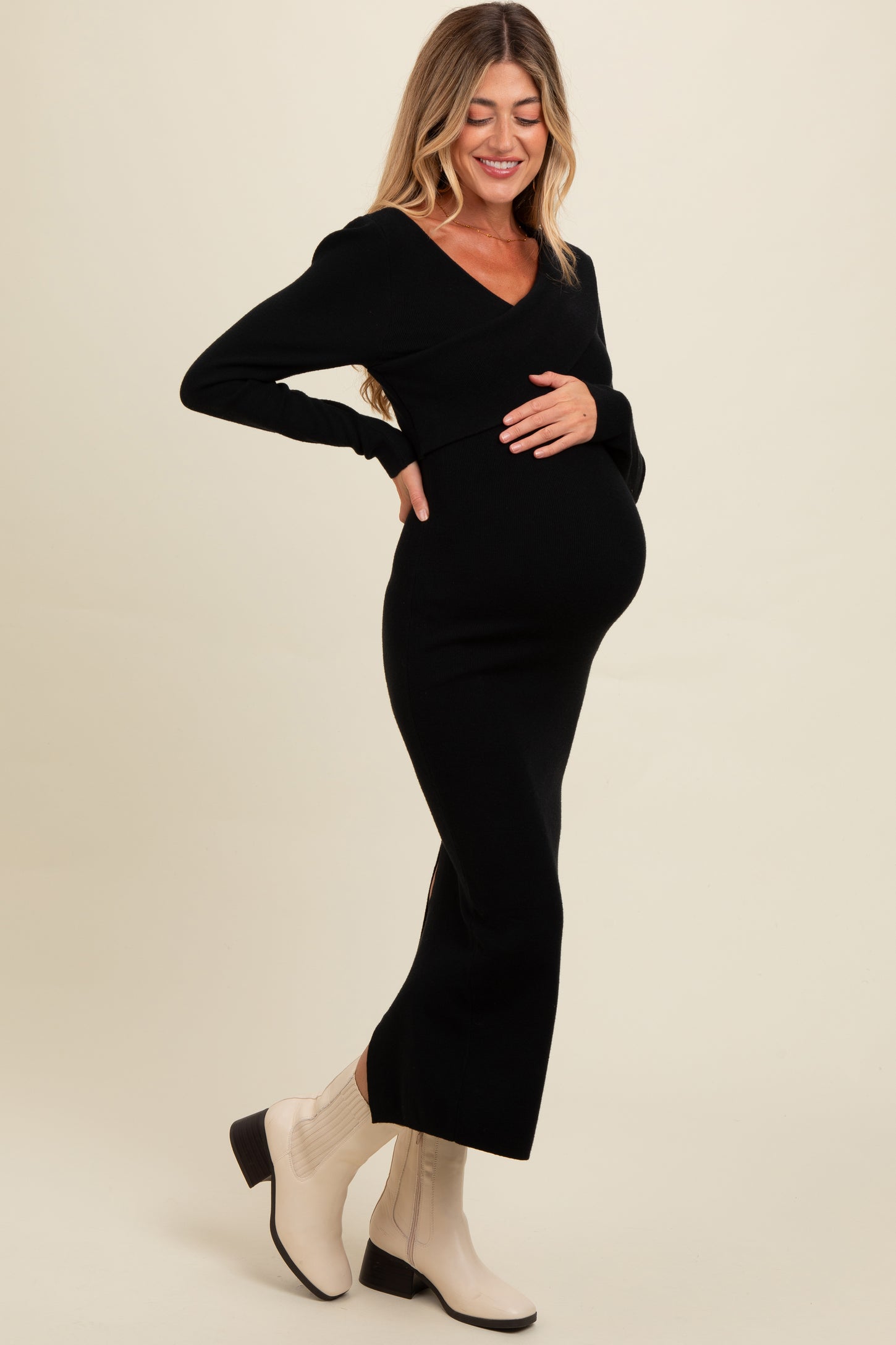 Black Fold Over Maternity Maxi Sweater Dress – PinkBlush
