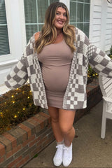 Brown Ribbed Ruched Sleeveless Maternity Dress