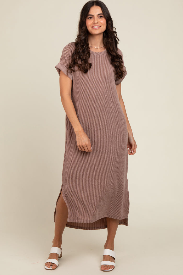 Taupe Ribbed Short Sleeve Maternity Midi Dress