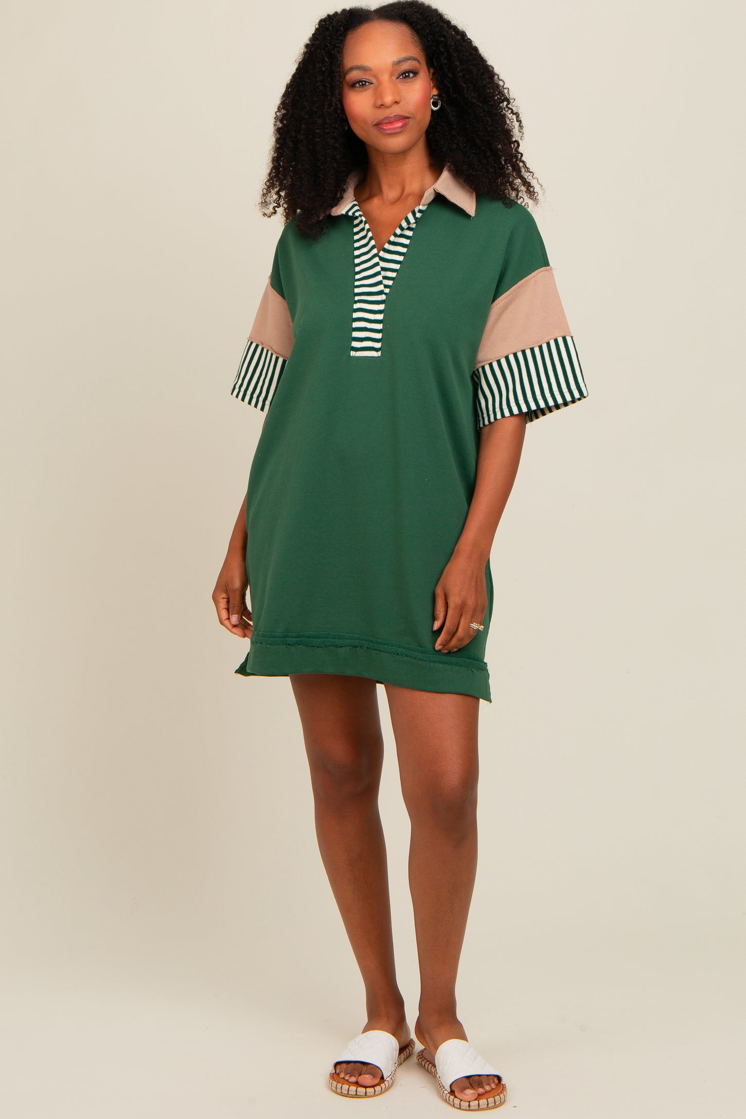 Forest Green Striped Color Block Collared Terry Dress PinkBlush Forest Green Striped Color Block Collared Terry Dress PinkBlush