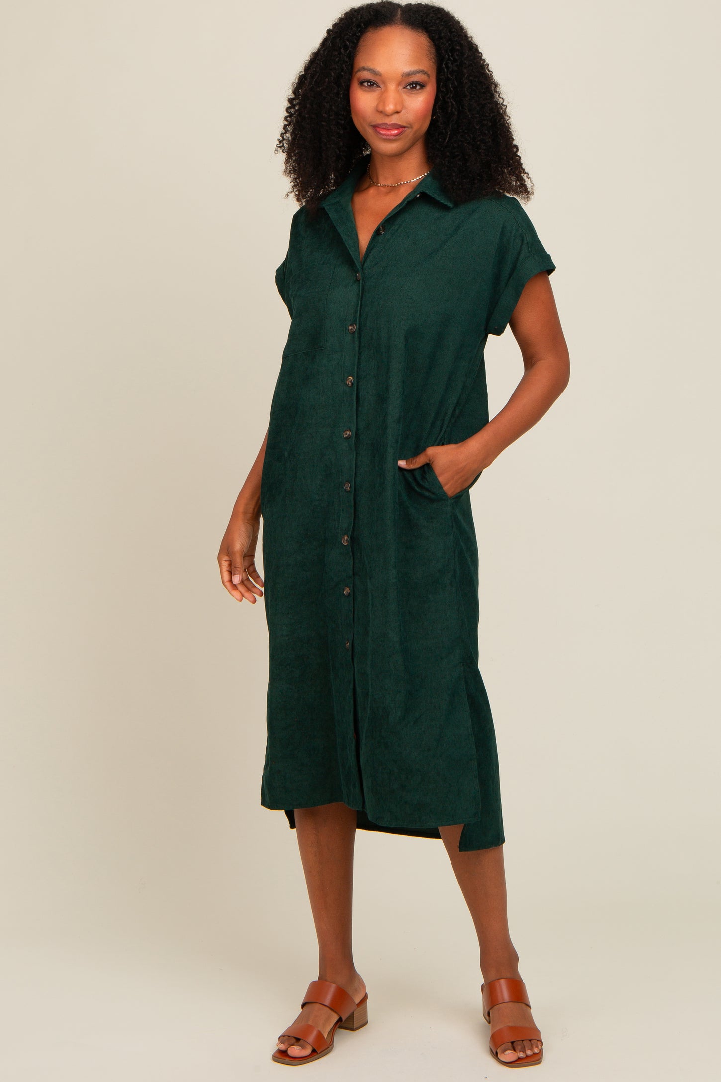 Forest Green Corduroy Button Down Midi Dress PinkBlush Forest Green Corduroy Button Down Midi Dress PinkBlush