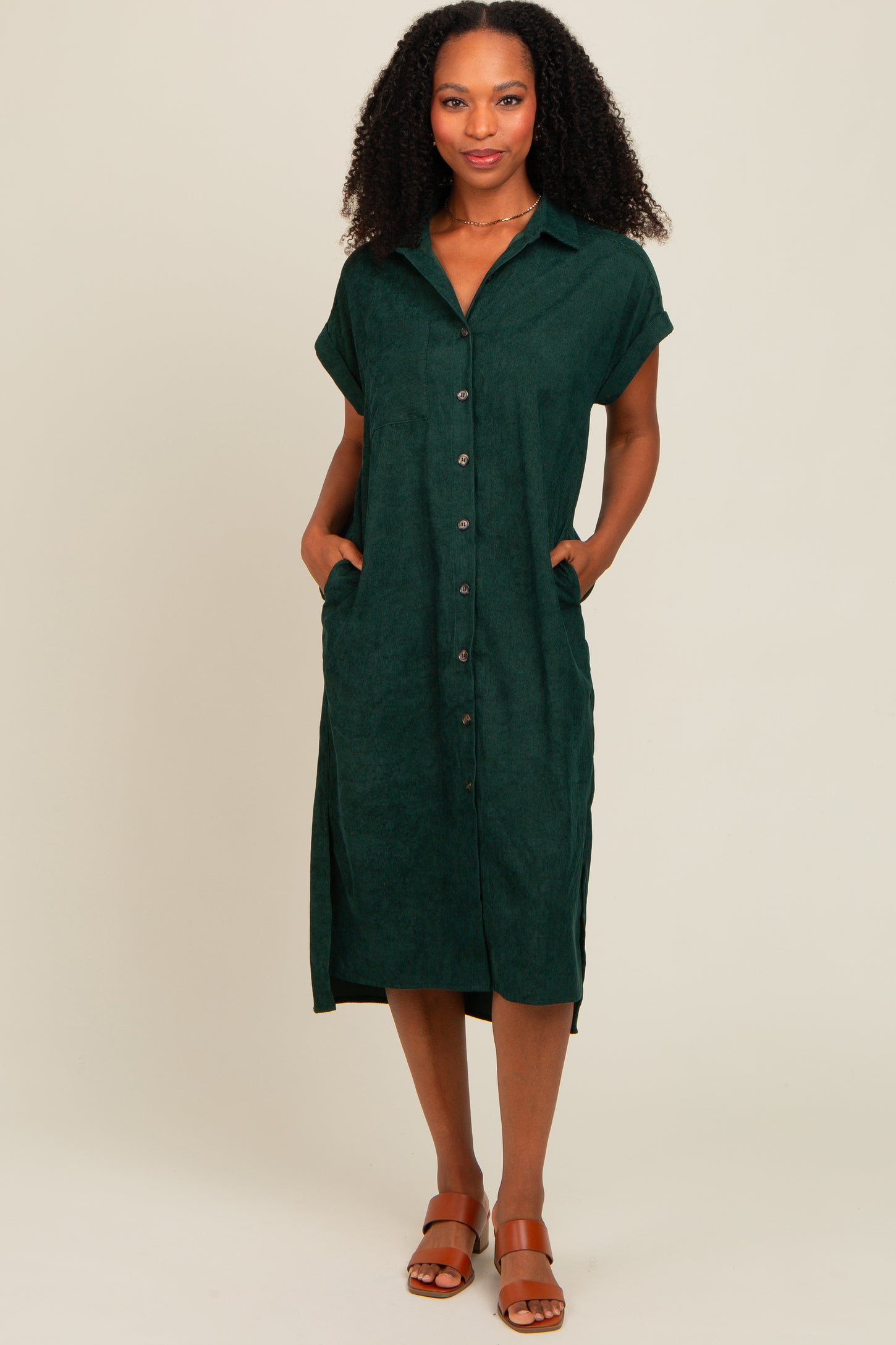 Forest Green Corduroy Button Down Midi Dress PinkBlush Forest Green Corduroy Button Down Midi Dress PinkBlush