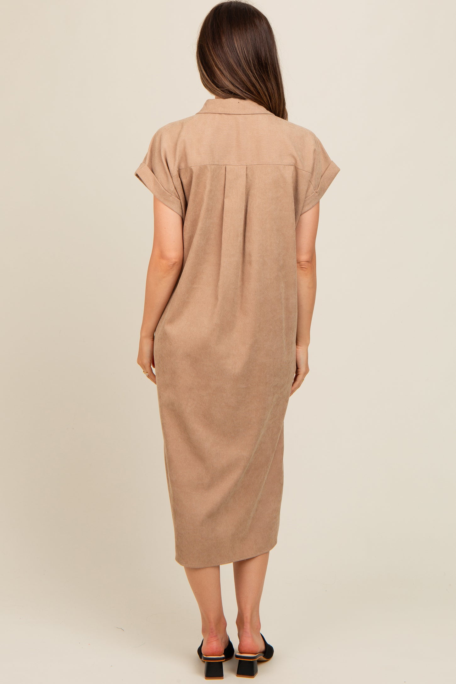 Beige Corduroy Button Down Maternity Midi Dress PinkBlush Beige Corduroy Button Down Maternity Midi Dress PinkBlush