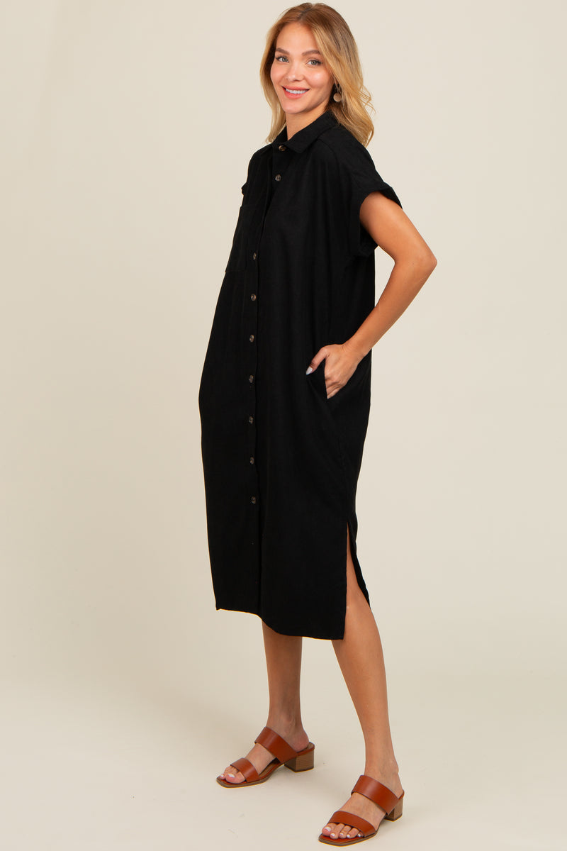 Black Corduroy Button Down Midi Dress  PinkBlush
