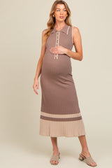 Mocha Knit Button Front Contrast Border Maternity Midi Dress