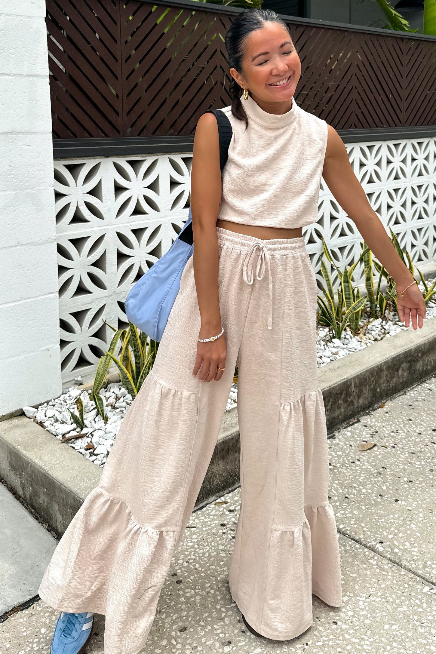 Sand Texture Knit Mock Neck Crop Top And Pants Set