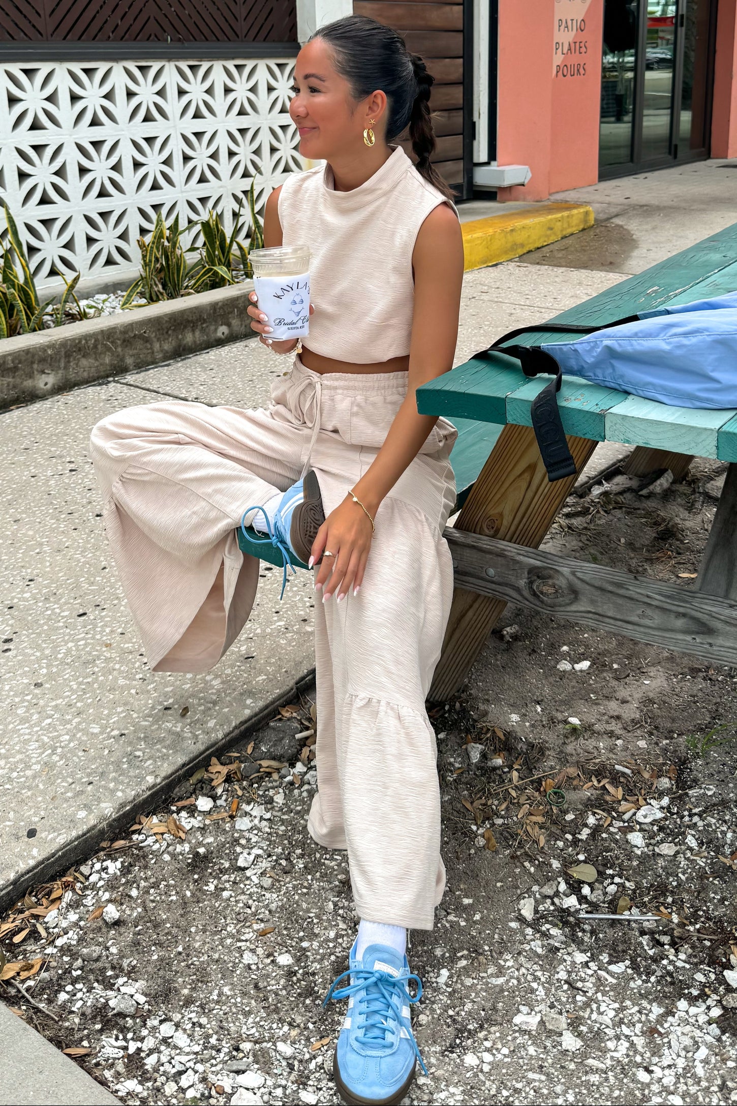 Sand Texture Knit Mock Neck Crop Top And Pants Set