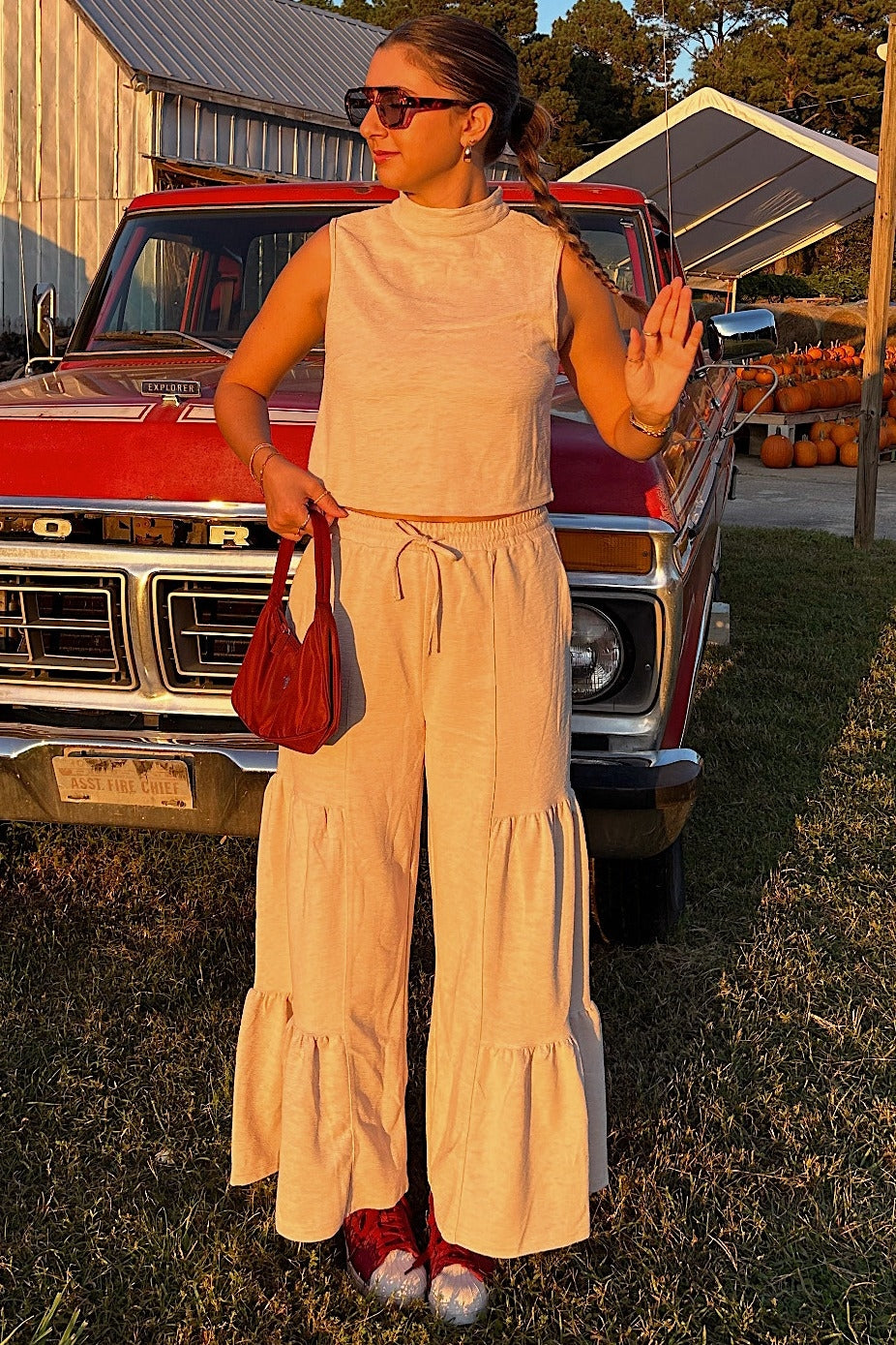 Sand Texture Knit Mock Neck Crop Top And Pants Set