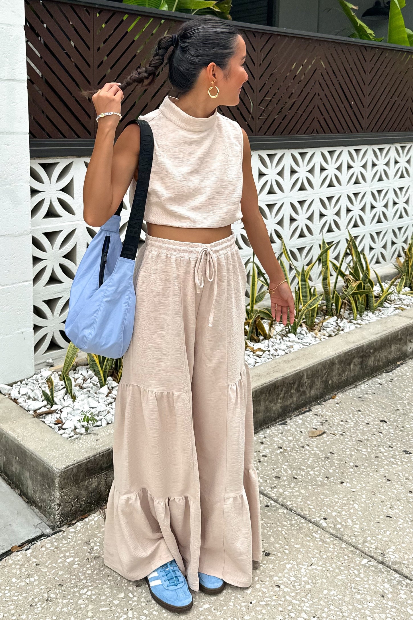 Sand Texture Knit Mock Neck Crop Top And Pants Set