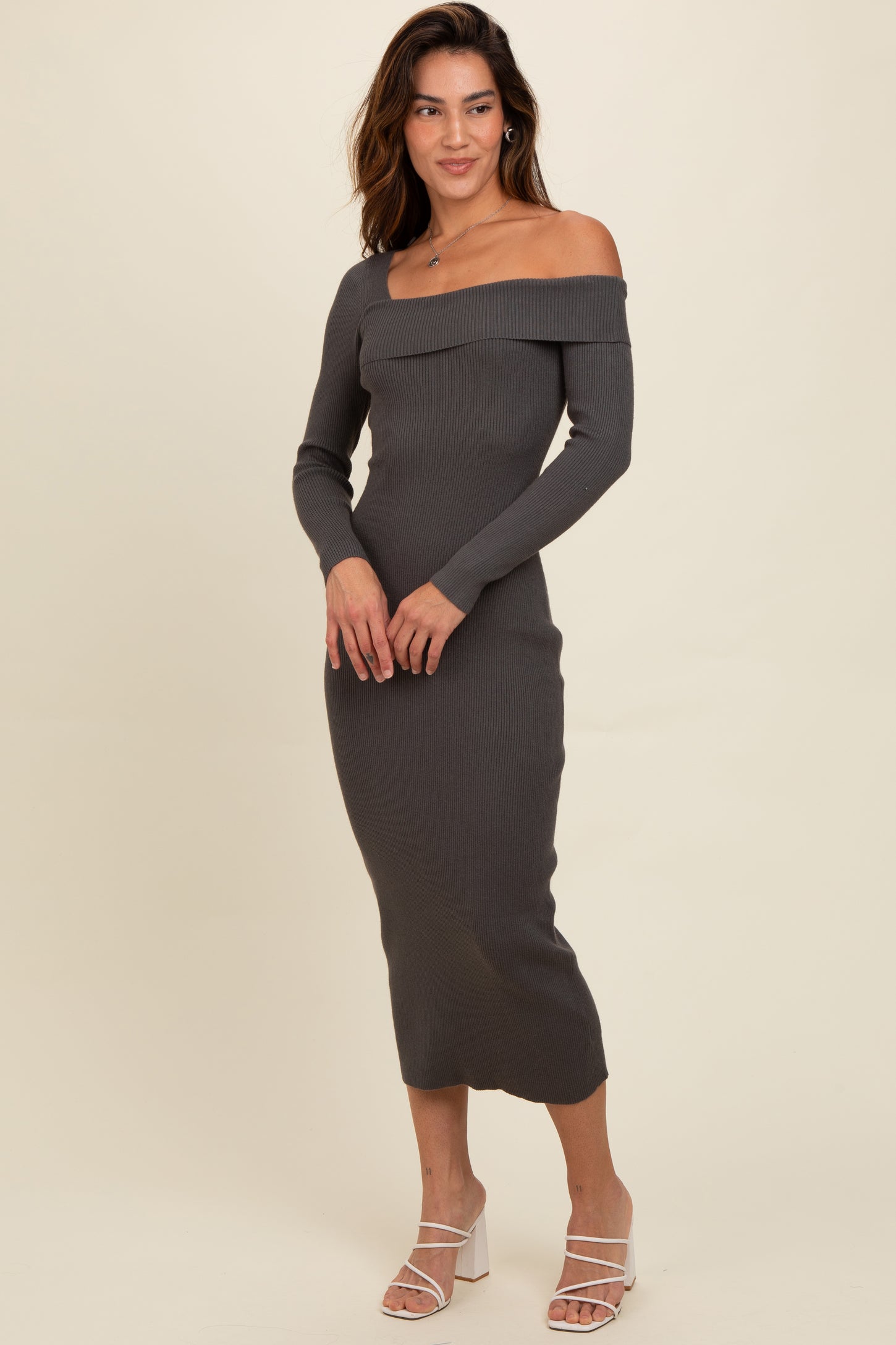 Charcoal Foldover One Shoulder Maternity Maxi Sweater Dress