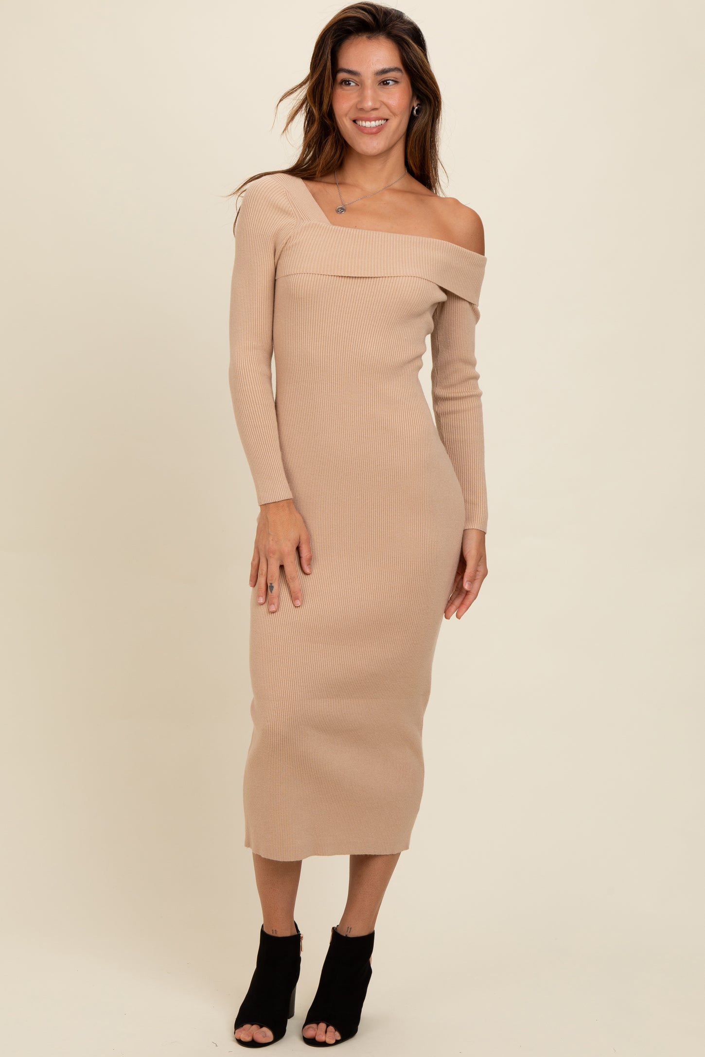 Beige Foldover One Shoulder Maxi Sweater Dress PinkBlush Beige Foldover One Shoulder Maxi Sweater Dress PinkBlush