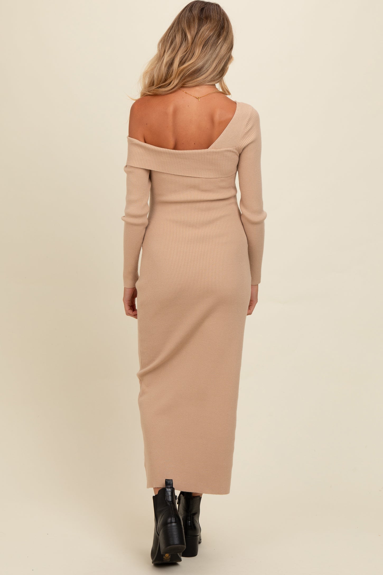 Beige Foldover One Shoulder Maternity Maxi Sweater Dress