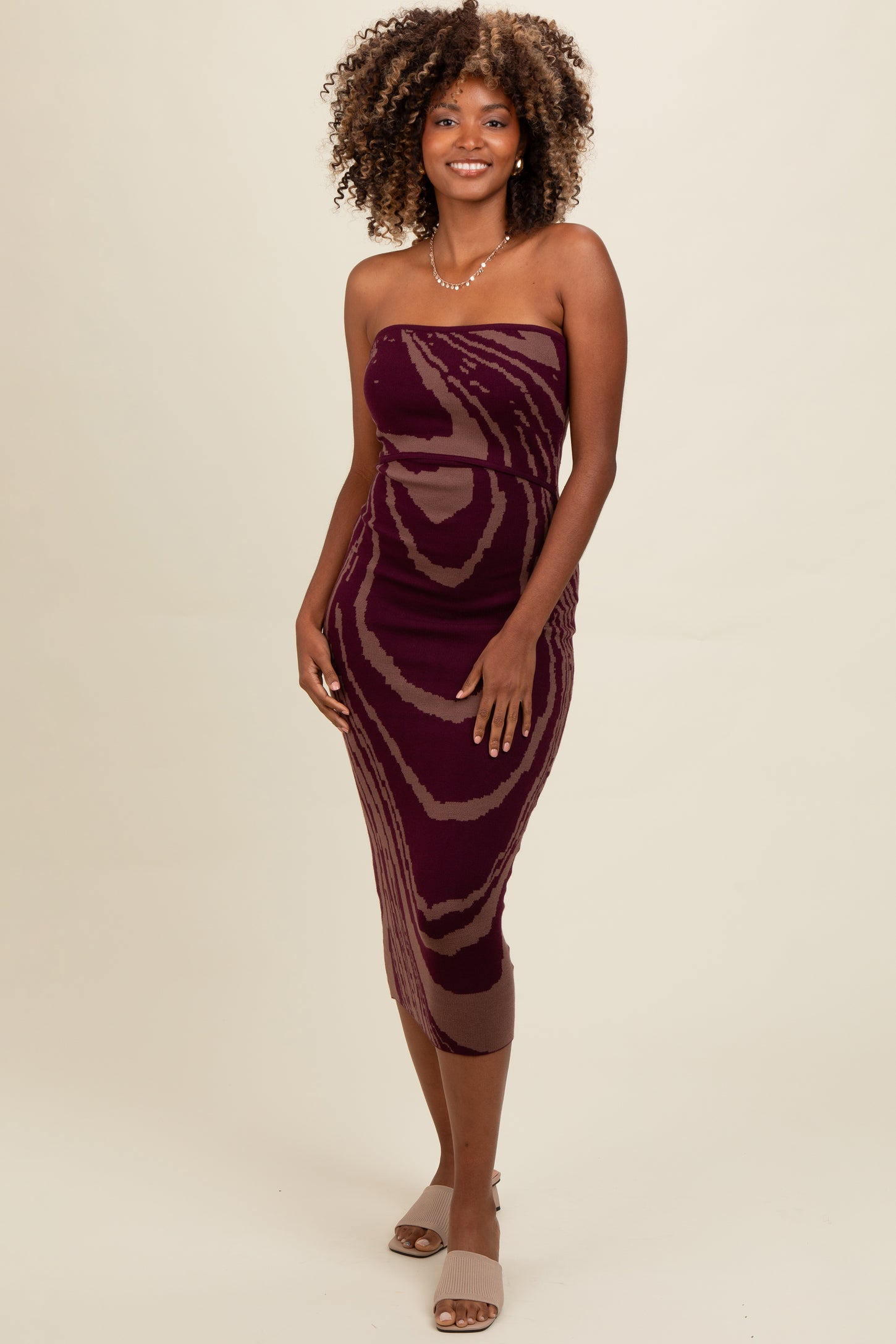 Purple Printed Strapless Cutout Fitted Maternity Maxi Dress PinkBlush Purple Printed Strapless Cutout Fitted Maternity Maxi Dress PinkBlush