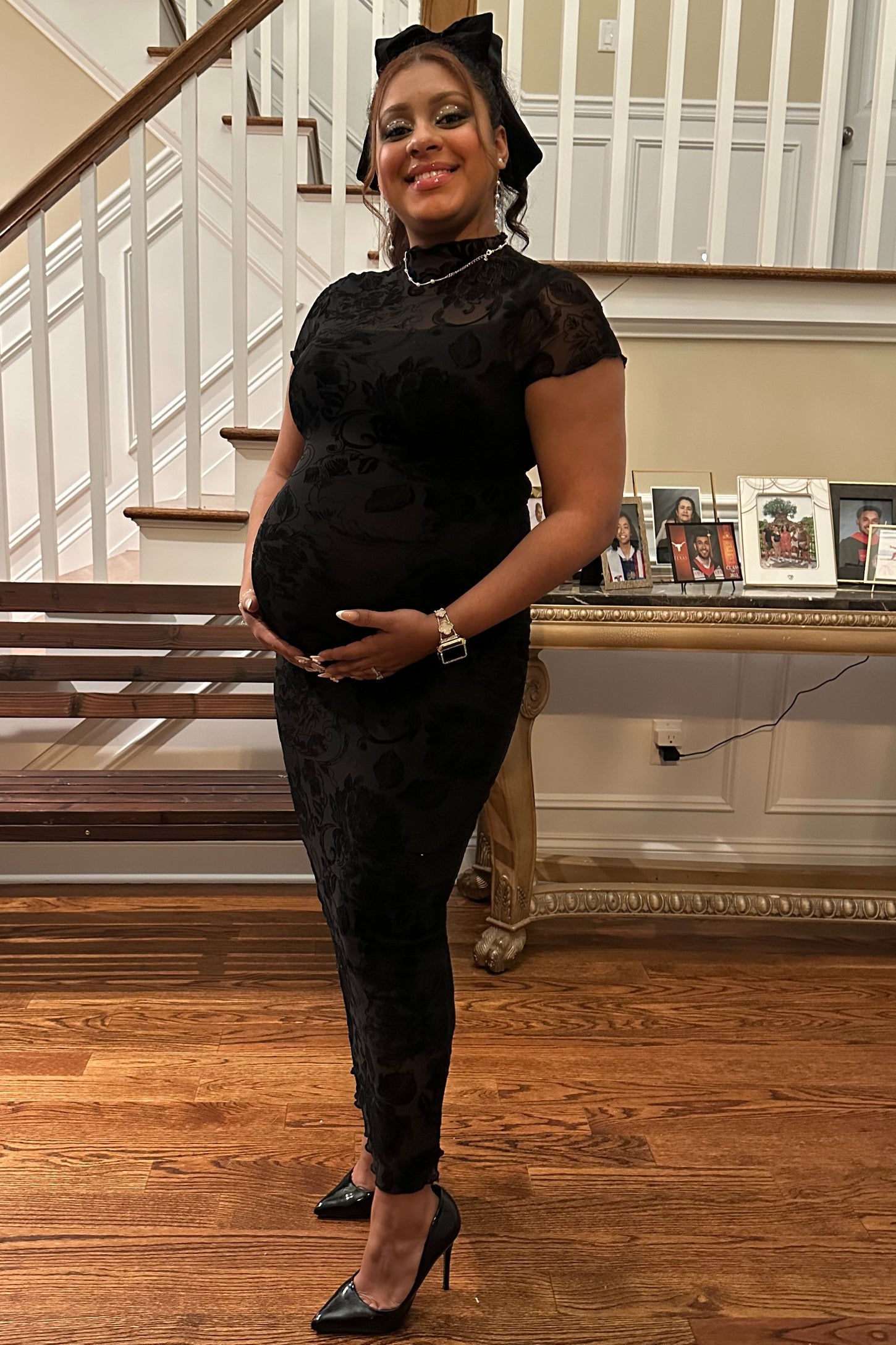 Black Floral Mesh Overlay Fitted Maternity Maxi Dress