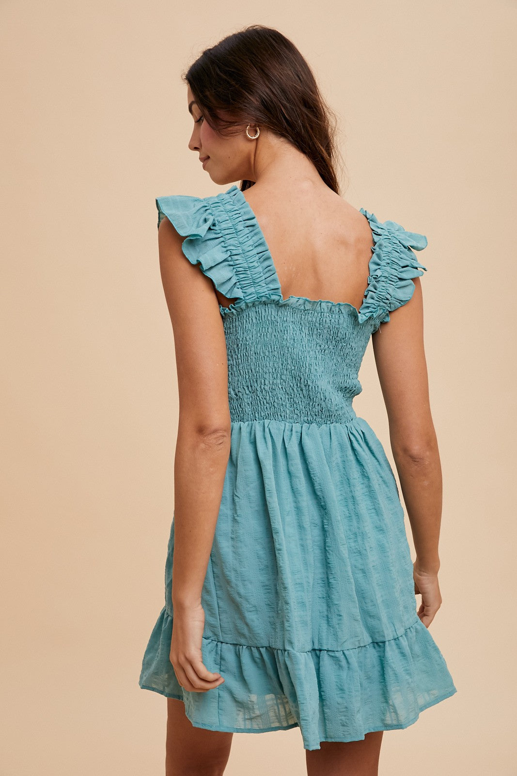 Dark Mint Textured Frill Detail Smocked Bodice Mini Dress Dark Mint Textured Frill Detail Smocked Bodice Mini Dress