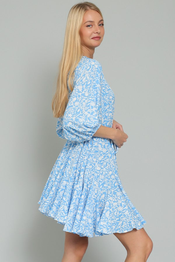 Sky Blue White Dolman Sleeve Braid Belted Ruffle Hem Mini Dress