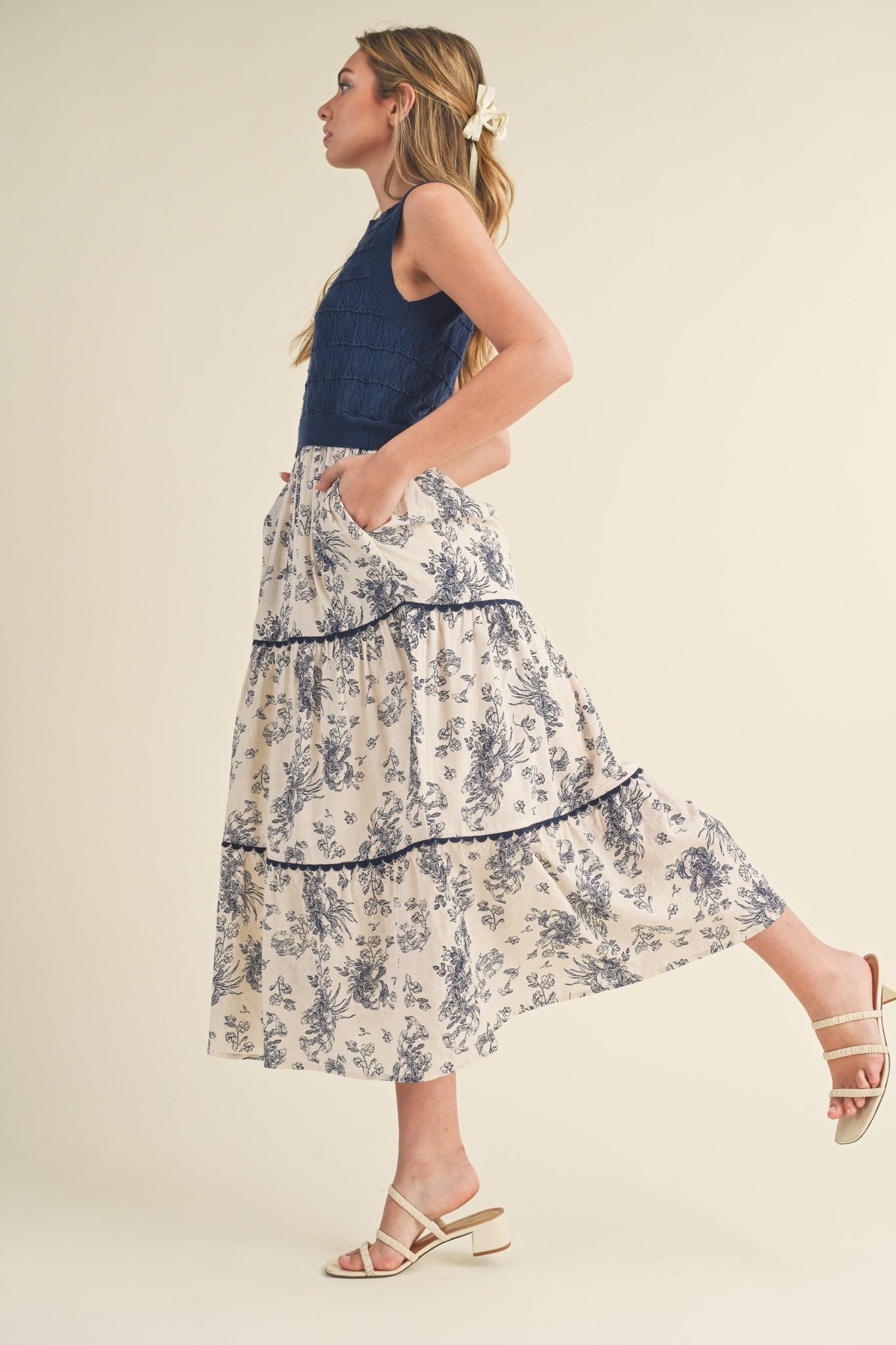 Navy Mixed Media Midi Dress PinkBlush Navy Mixed Media Midi Dress PinkBlush