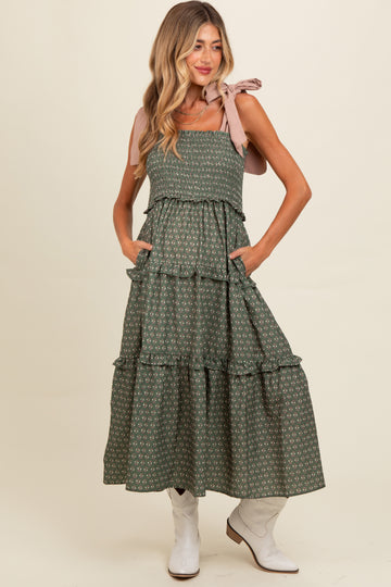 Olive Floral Print Contrast Shoulder Tie Tiered Maternity Midi Dress