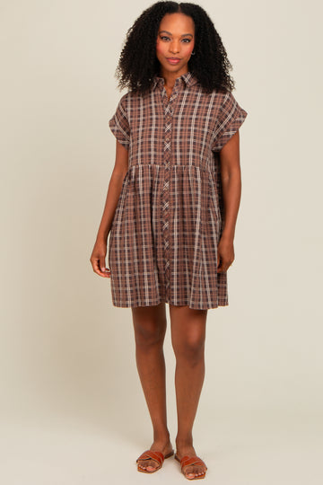 Mocha Plaid Rolled Cuff Sleeve Button Down Dress