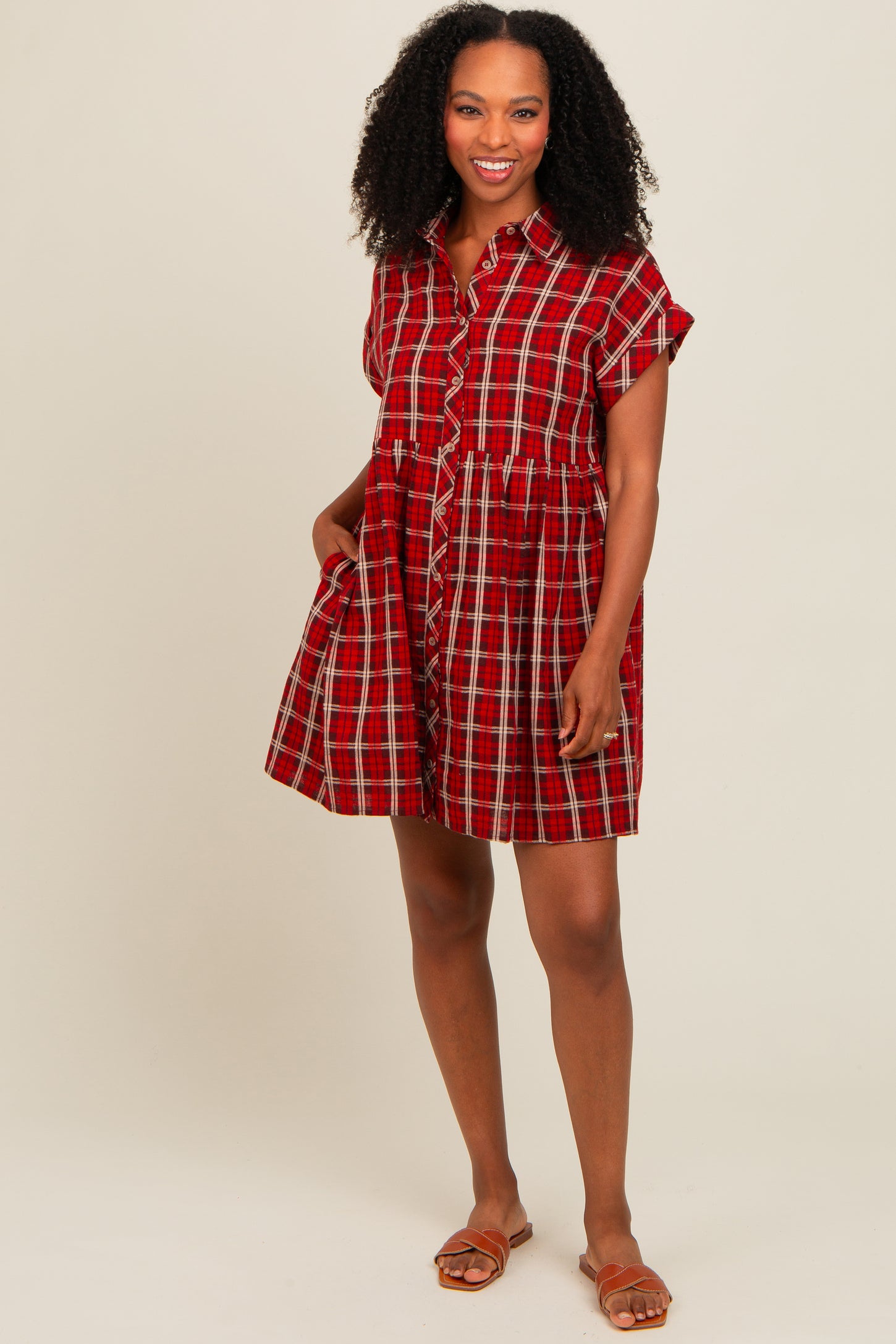Red Plaid Rolled Cuff Sleeve Button Down Maternity Dress Red Plaid Rolled Cuff Sleeve Button Down Maternity Dress