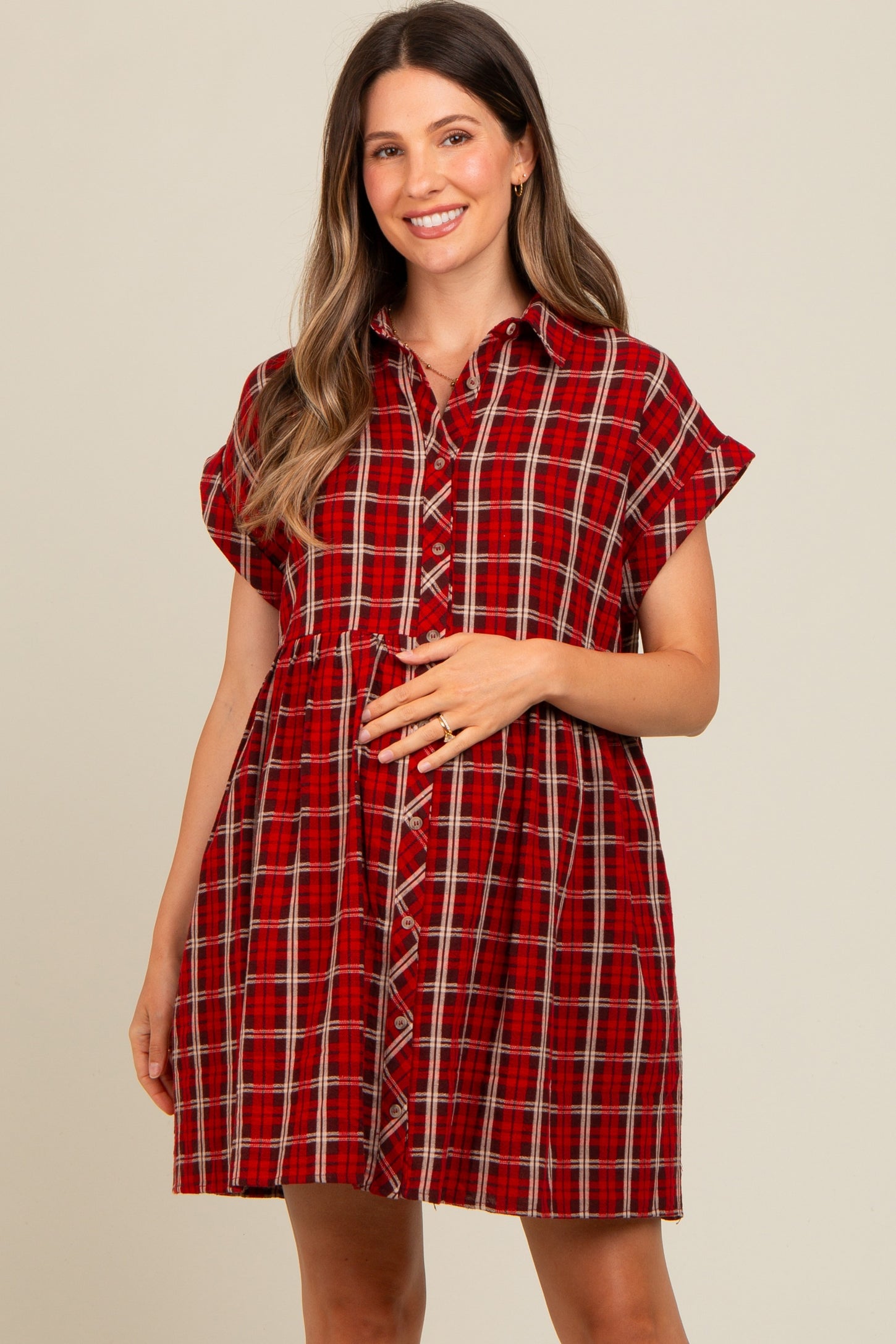 Red Plaid Rolled Cuff Sleeve Button Down Maternity Dress – PinkBlush Red Plaid Rolled Cuff Sleeve Button Down Maternity Dress – PinkBlush