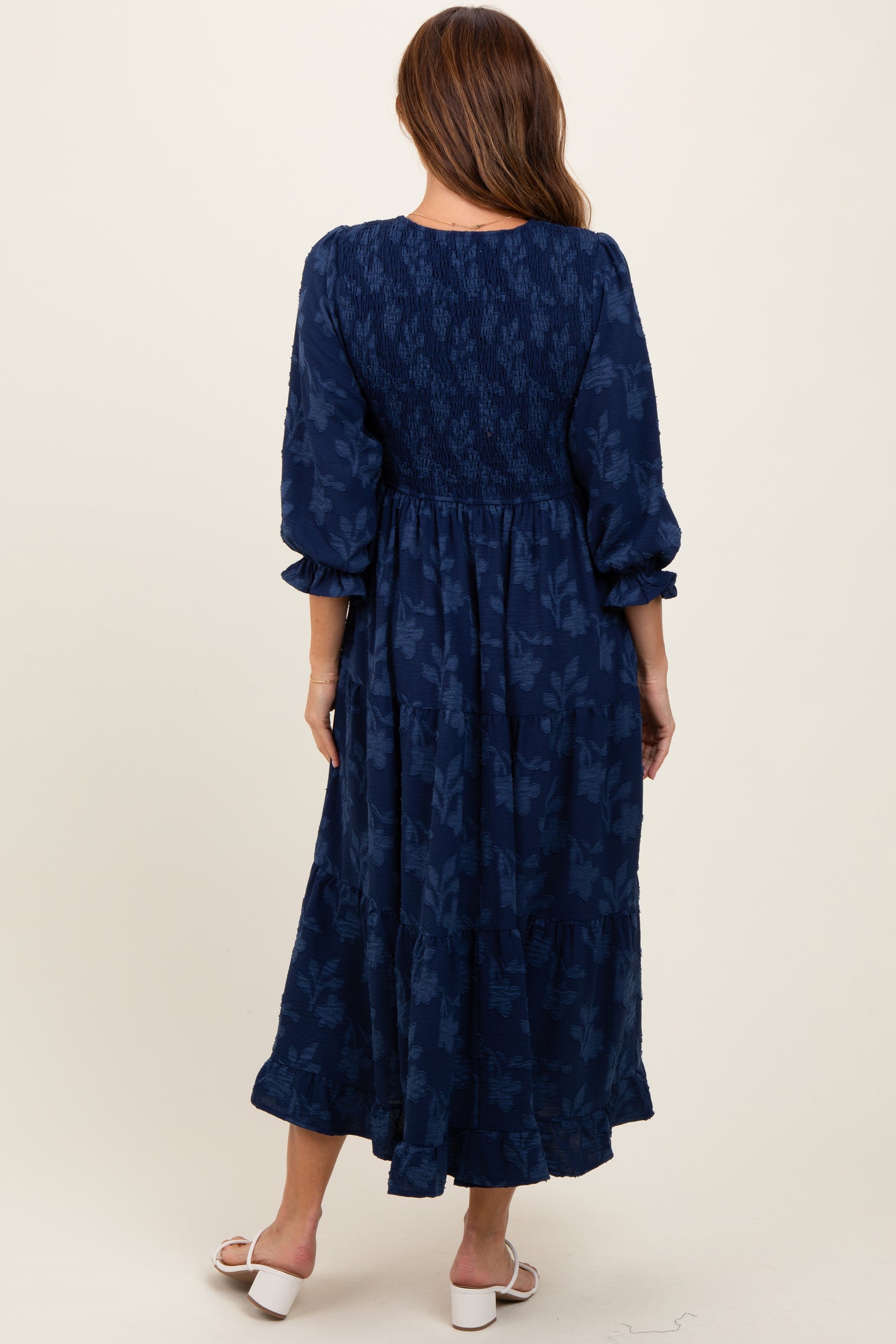 Navy Floral Smocked V-Neck Maxi Dress