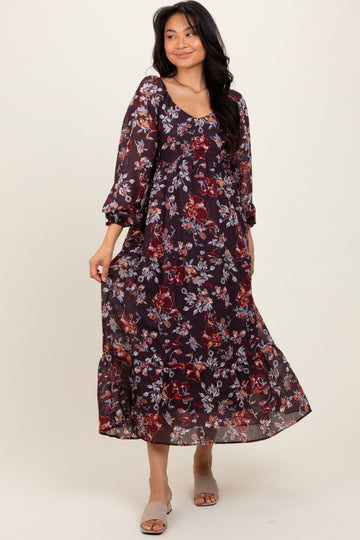 Brown Floral V-Neck Bubble Sleeve Maxi Dress