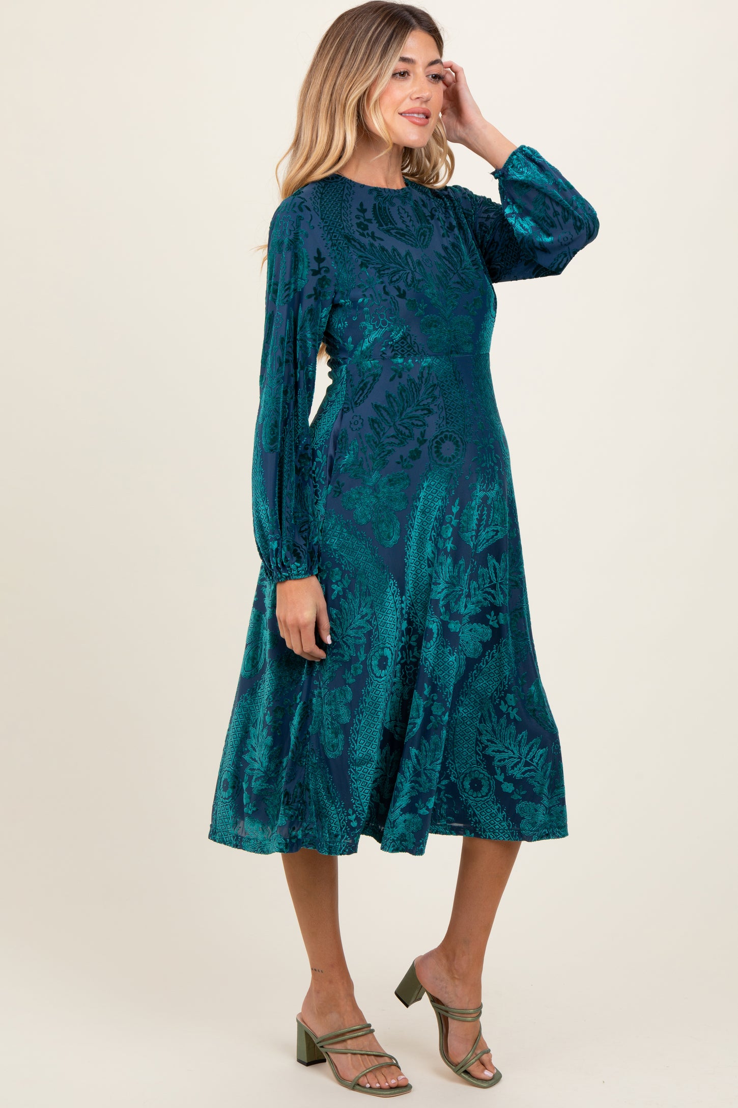 Forest Green Velvet Damask Maternity Midi Dress PinkBlush Forest Green Velvet Damask Maternity Midi Dress PinkBlush