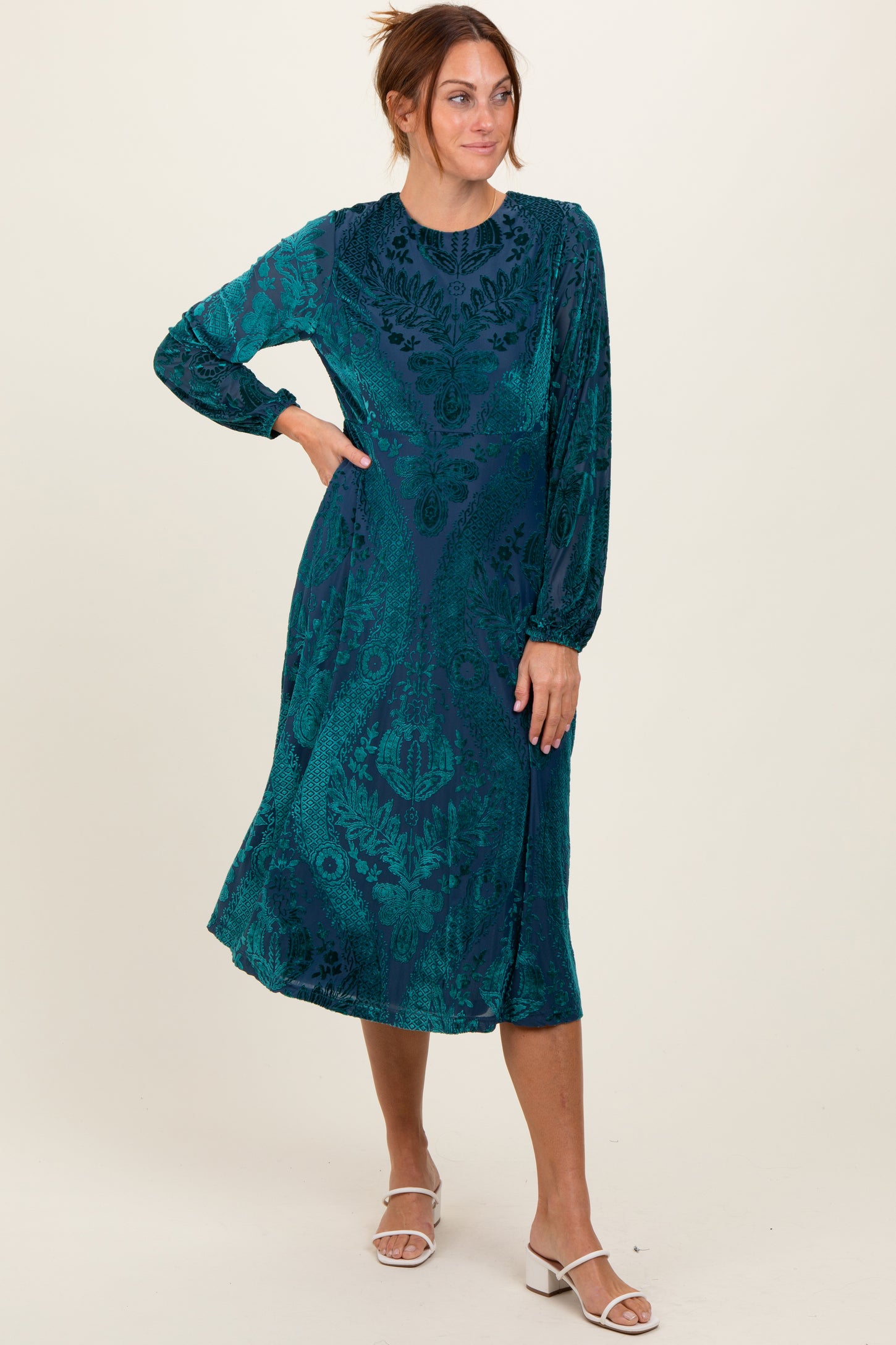Forest Green Velvet Damask Maternity Midi Dress PinkBlush Forest Green Velvet Damask Maternity Midi Dress PinkBlush