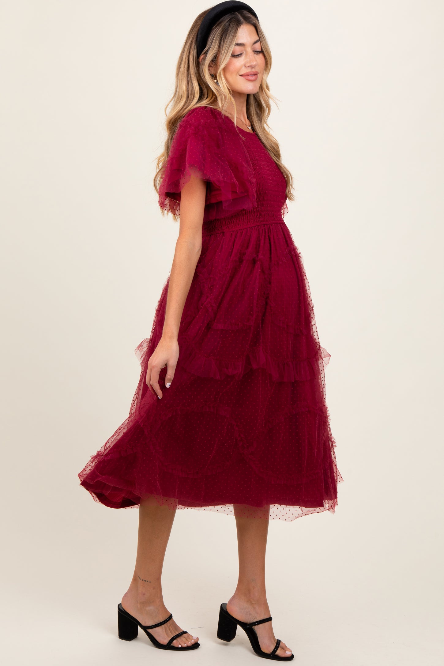 Burgundy Smocked Ruffled Mesh Maternity Midi Dress