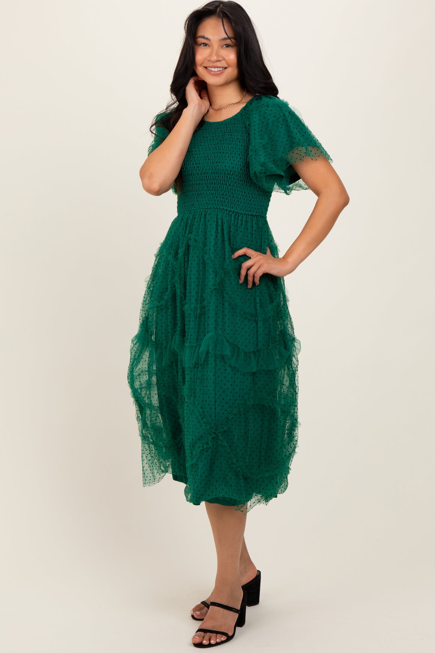 Hunter Green Smocked Ruffled Mesh Midi Dress PinkBlush Hunter Green Smocked Ruffled Mesh Midi Dress PinkBlush
