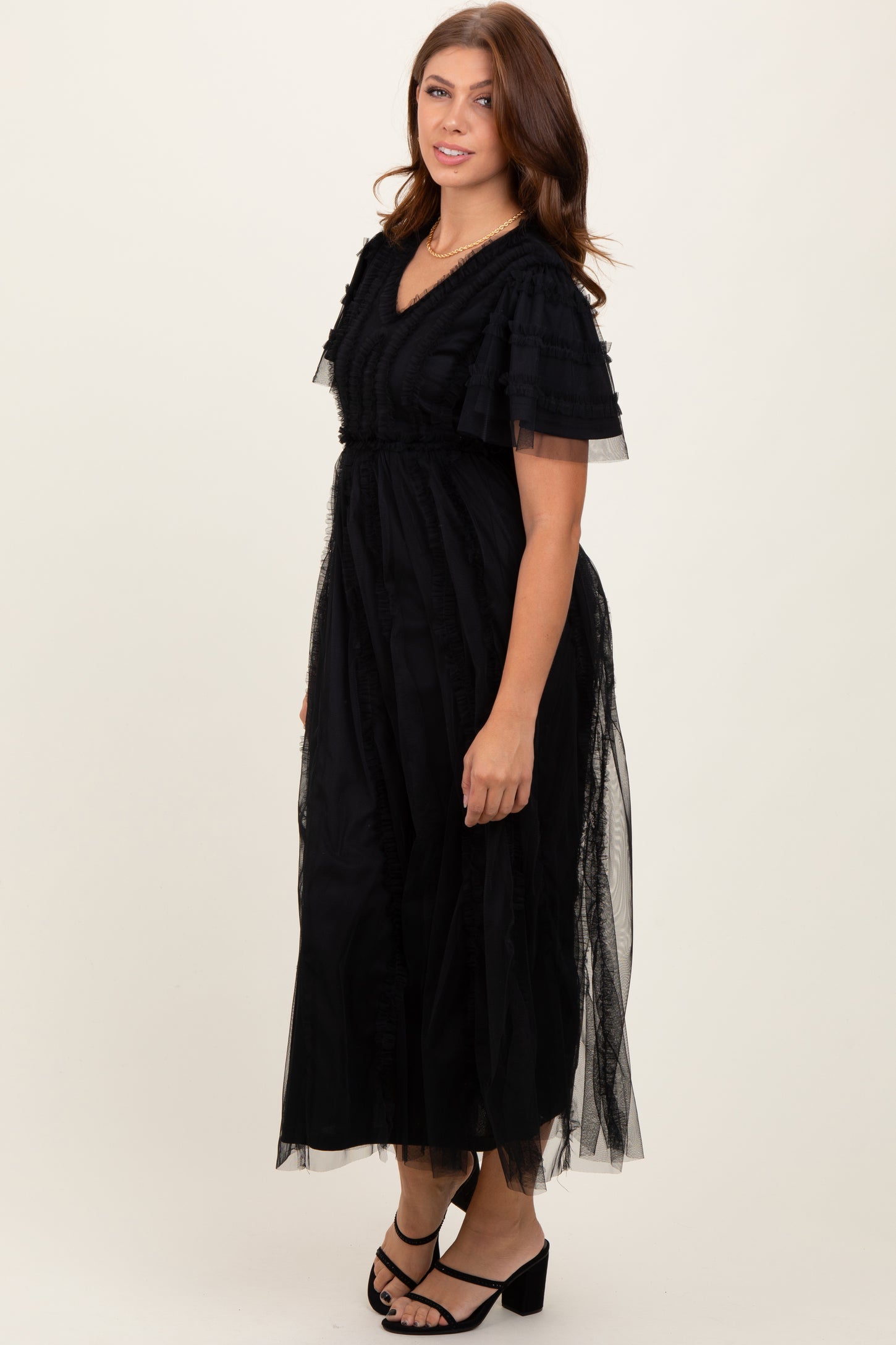 black mesh overlay dress Black Ruffle Accent Mesh Overlay Maxi Dress PinkBlush