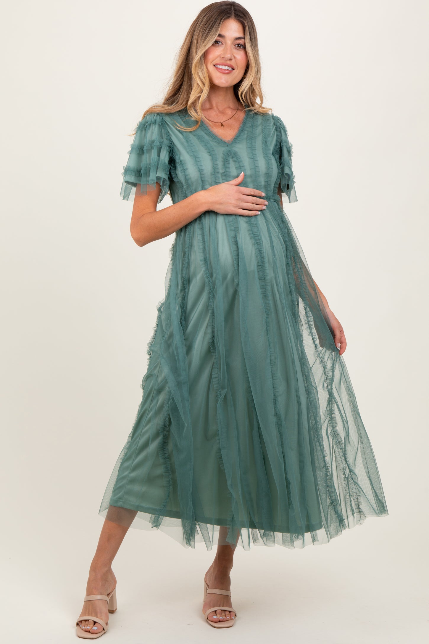 Teal Ruffle Accent Mesh Overlay Maternity Maxi Dress