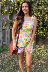 Lime Orange Floral Romper With Scallop Stitch Trim