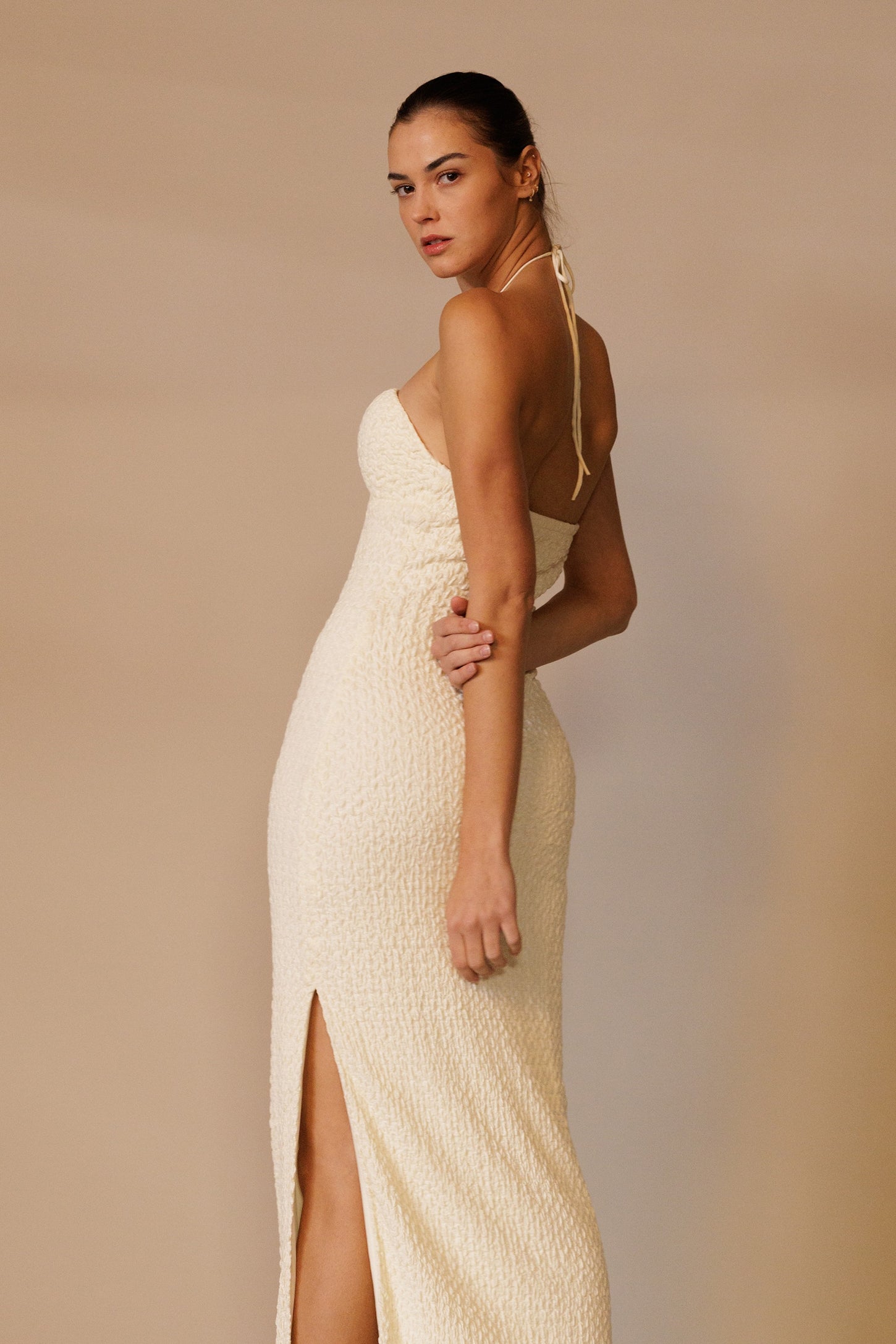 Cream Textured Knit Halter Neck Maxi Dress PinkBlush Cream Textured Knit Halter Neck Maxi Dress PinkBlush