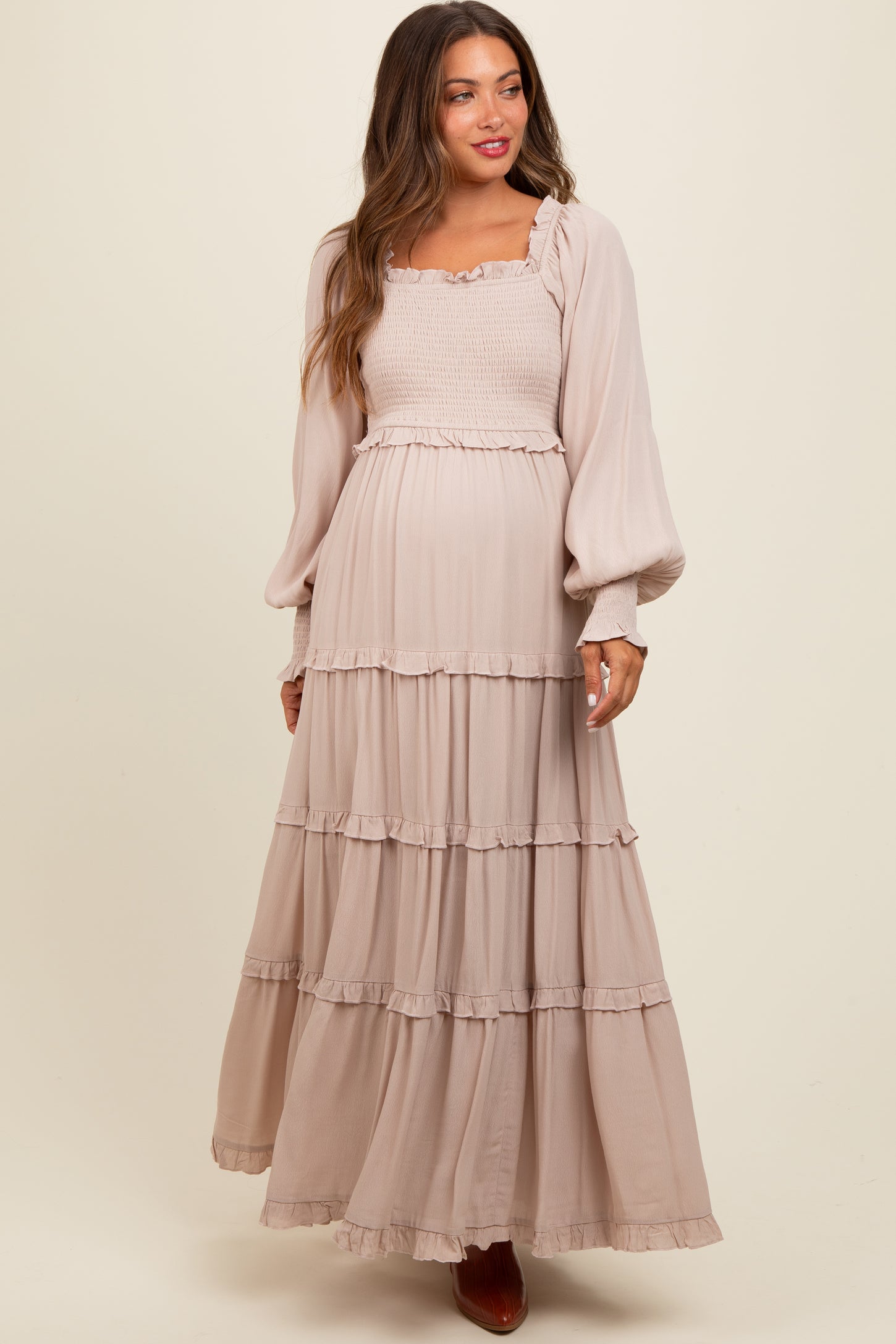 knee length dresses for ladies Beige Smocked Long Sleeve Ruffle Tiered Maternity Maxi Dress – PinkBlush