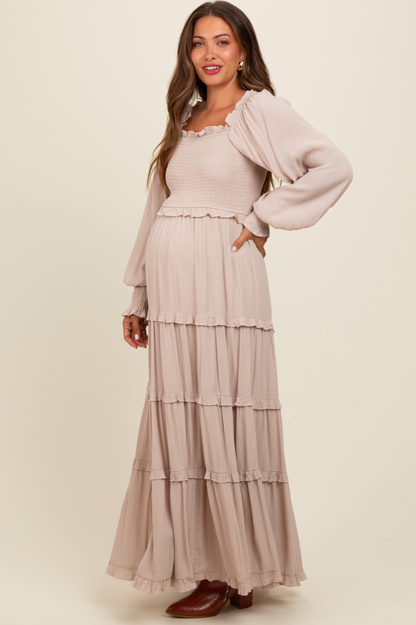 Beige Smocked Long Sleeve Ruffle Tiered Maternity Maxi Dress Beige Smocked Long Sleeve Ruffle Tiered Maternity Maxi Dress