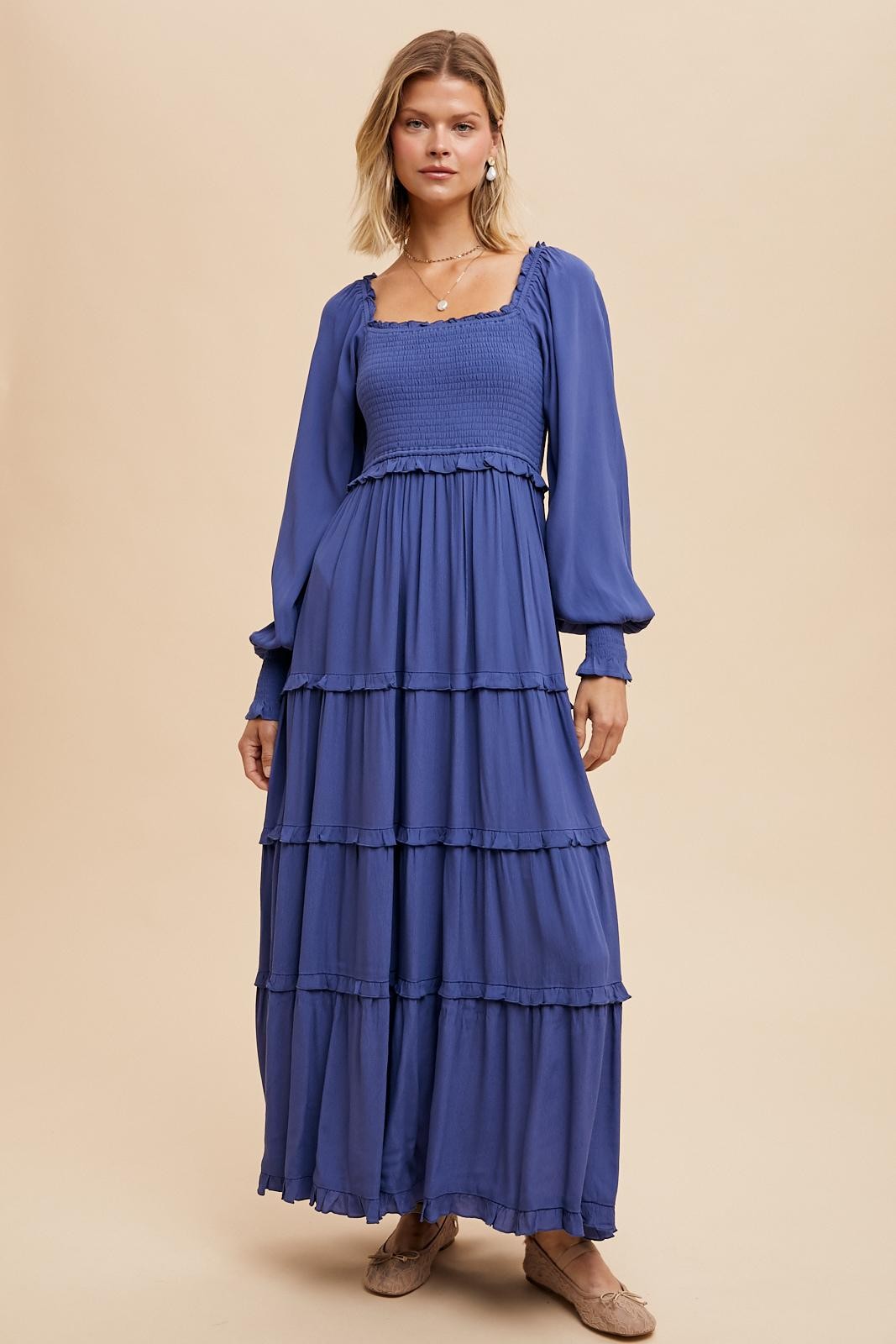 Periwinkle Smocked Long Sleeve Ruffle Tiered Maternity Maxi Dress