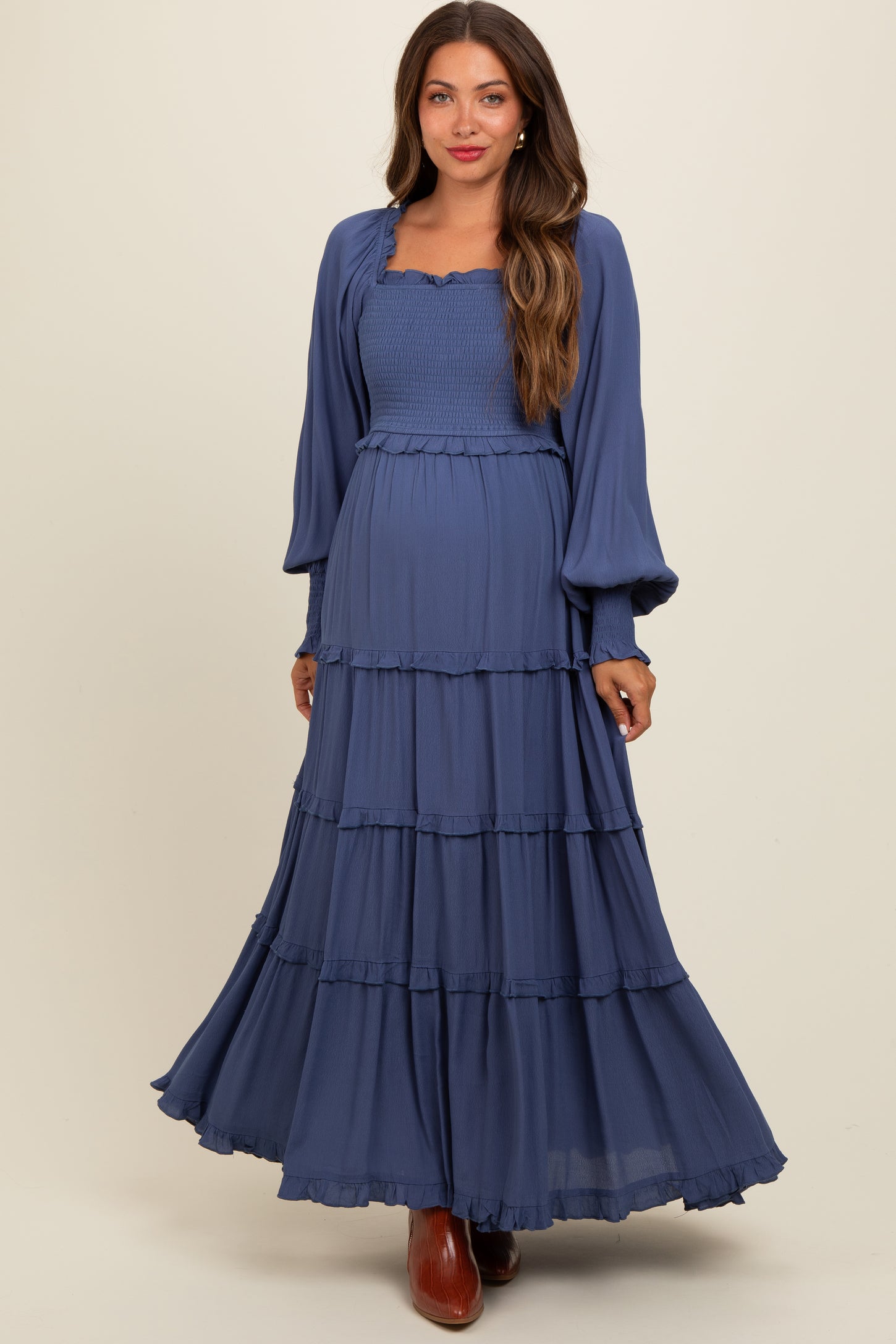 Periwinkle Smocked Long Sleeve Ruffle Tiered Maternity Maxi Dress PinkBlush Periwinkle Smocked Long Sleeve Ruffle Tiered Maternity Maxi Dress PinkBlush