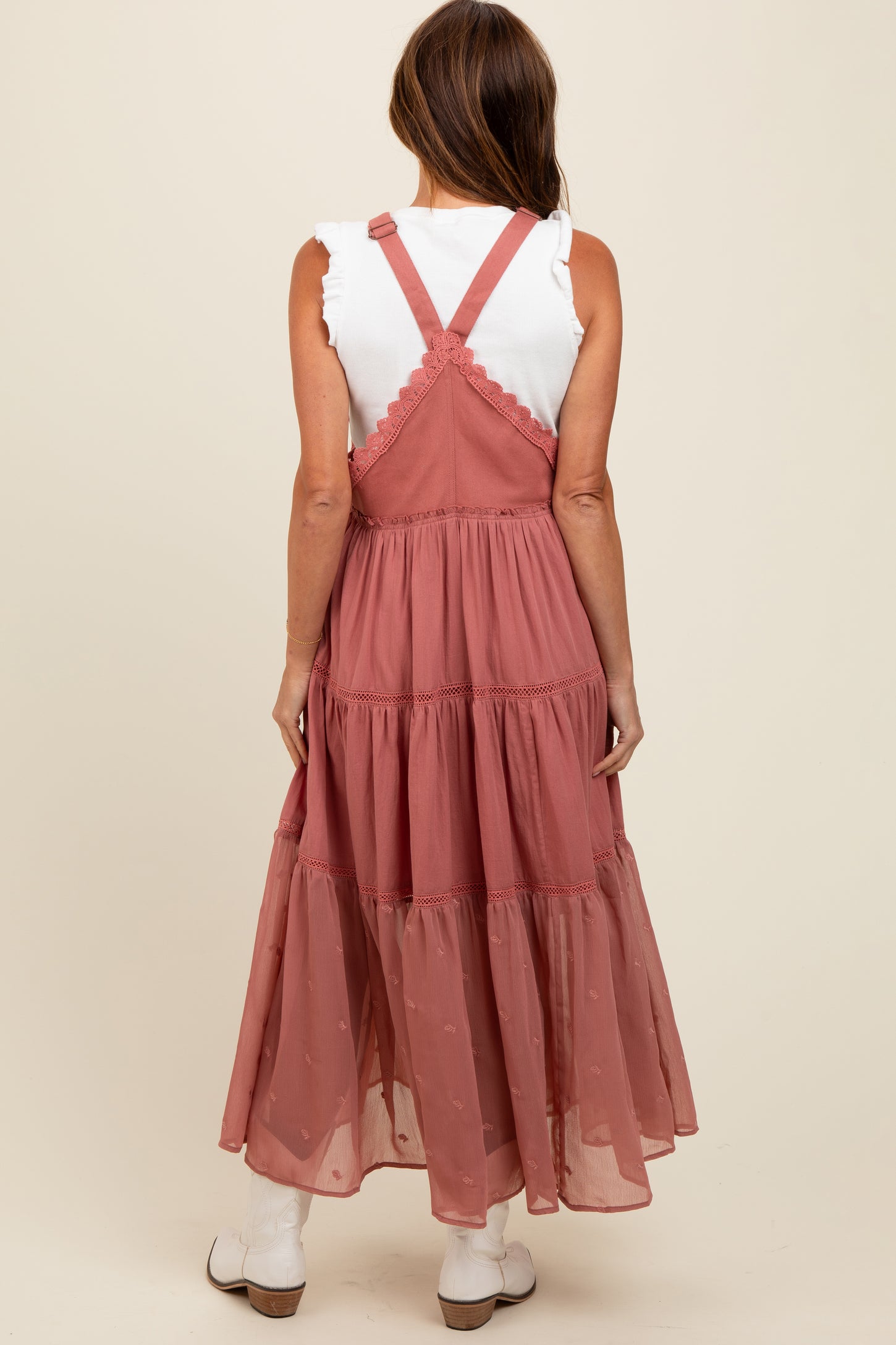 Mauve Overall Crochet Lace Tiered Dress PinkBlush Mauve Overall Crochet Lace Tiered Dress PinkBlush