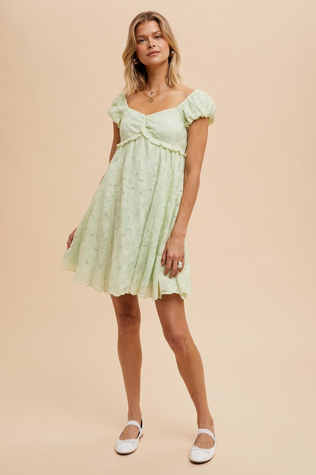 Mint Green Floral Lace Embroidered Puff Sleeve Dress
